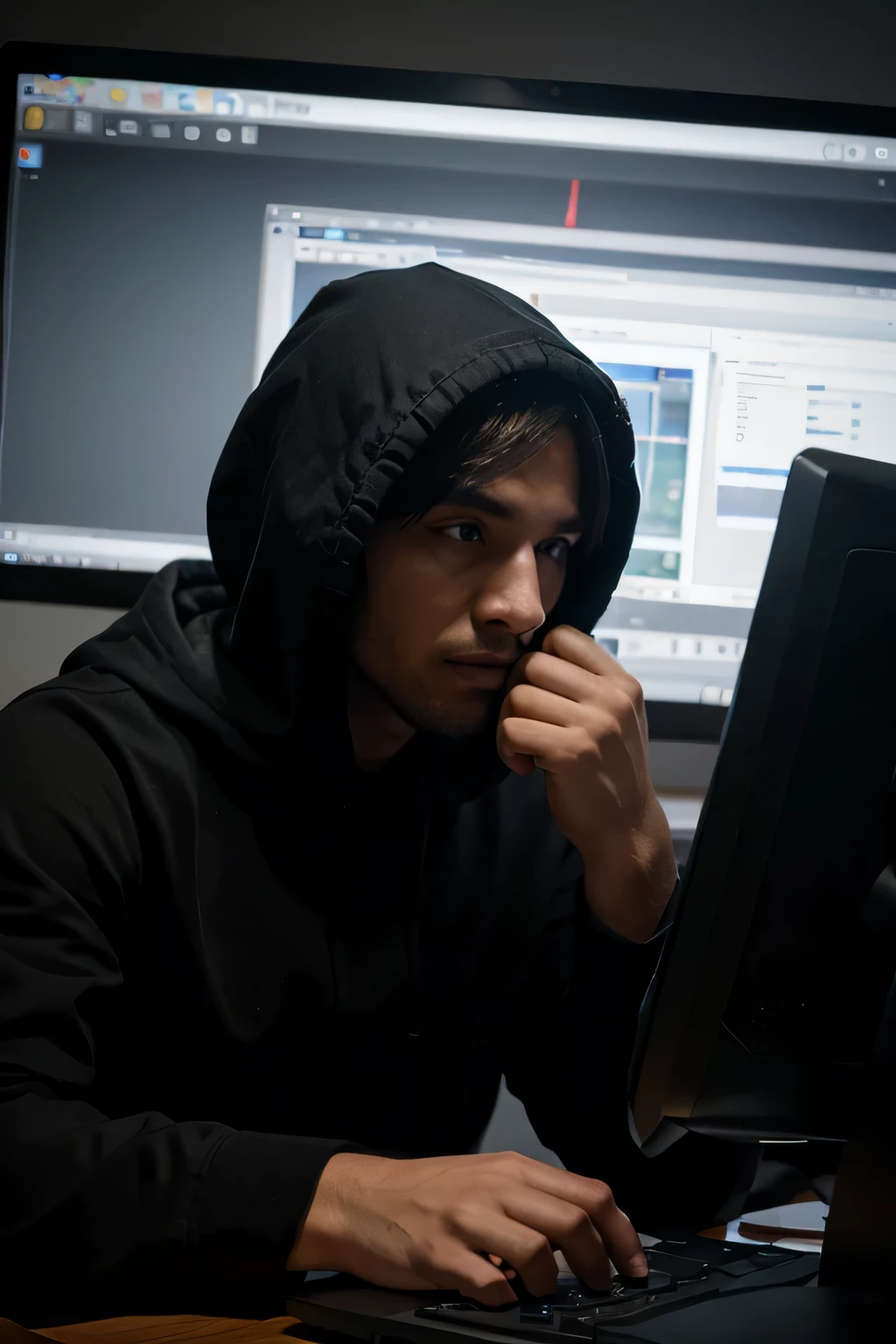 A Male,Scammer, typing on the computer in front of him, in a dark room, wearing a whoody with the hood on the heard, reflection of the computer light on his face,