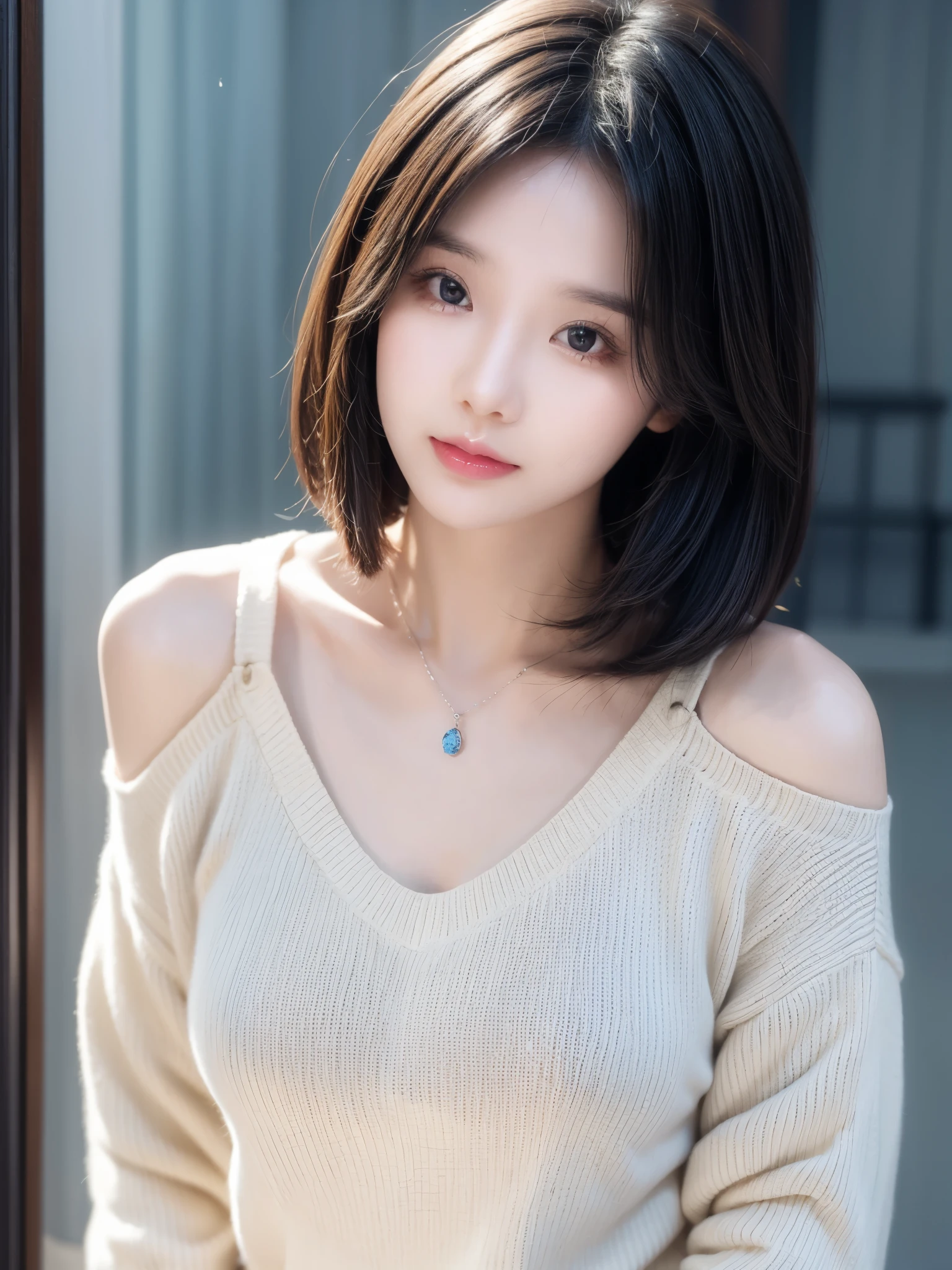 (best quality, 8k, 32k, masterpiece, Ultra HD:1.2),Photos of beautiful Japanese women, Large Breasts, Very short Bob hairstyle,Upper Body,(Oversized_sweater,:1.1) necklace, Simple background, look around
