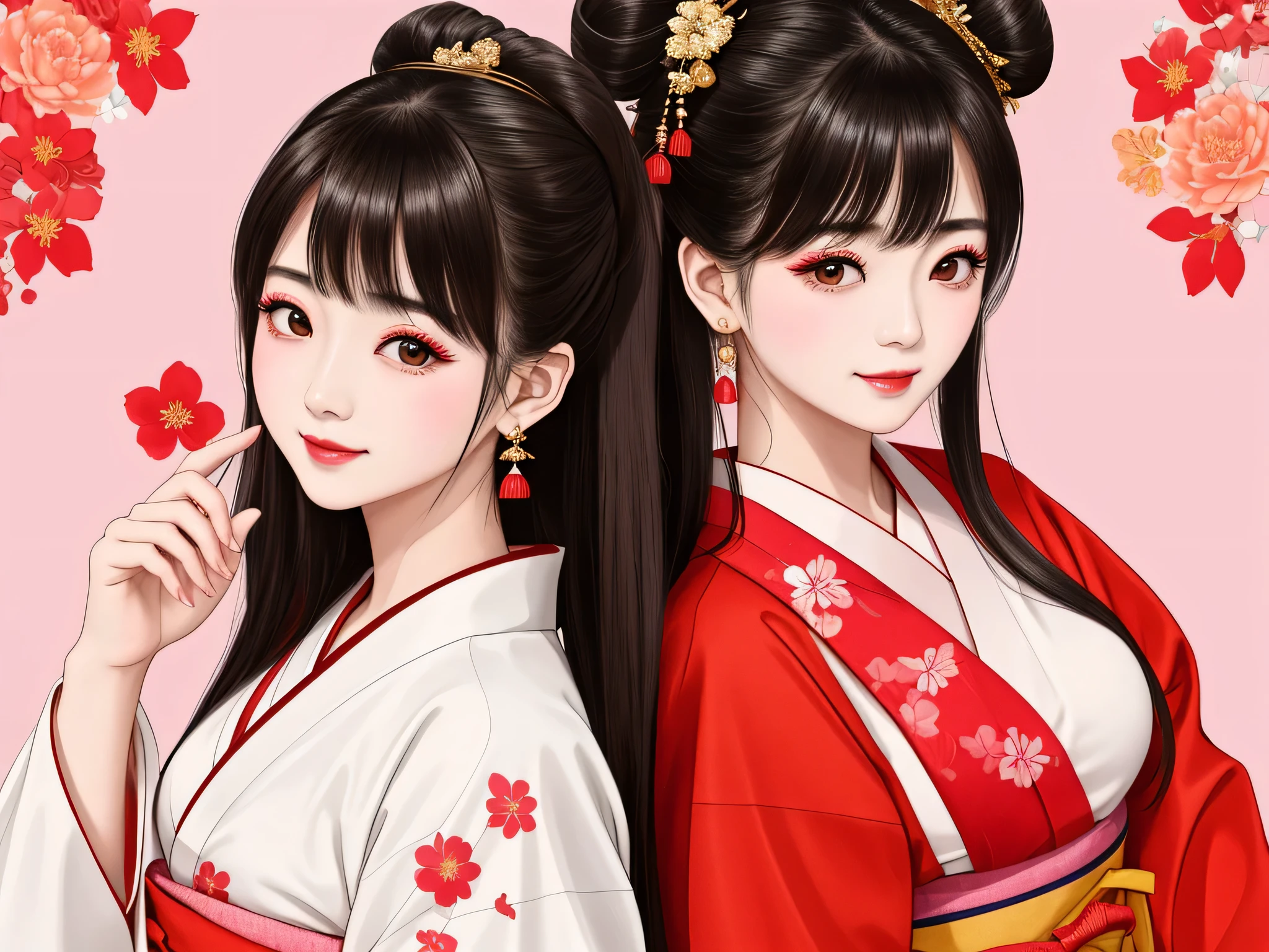 Each has a different expression2People and sisters、(2 girls)、⦅Dancing traditional performing arts gracefully)、((Big Breasts、Small Face、Not exposed))、highest quality、masterpiece、(Black Hair、Bun Hair)、Brown Eyes、⦅Wide angle、Angle from above, from the waist up、Pause on the magazine cover、Each person has a different perspective when looking into the distance⦆、(8K high quality、masterpiece、High resolution、Realistic and beautiful light and shadow、(highest quality)、(High Resolution)、(Very delicate and beautiful)、(Beautiful 8k face)、(Smiling and closing your eyes、Beautiful eyes)、(Clear skin)、(Soft hair)、(8Head to Body)、(A Japanese style yukata kimono with red, pink and orange floral patterns on a white background, interspersed with gold powder、wearing a yukata2Japanese beautiful girl)、((Tanabata decoration background))、((Small Face))、(arms up)、Thin and small nose、(Red lipstick)、(Make your cheeks red)、(Glossy skin)、((Ink painting style))、Very thin eyebrows、Overall ultra-high image quality、(She is wearing maiko-style makeup.)、Whitening、Long and beautiful eyelashes、Glowing Skin、(Red cheeks),Straight nose、masterpiece、highest quality、whole body、 Eyebrows visible through hair、Bun Hair、Grin、Gal、Kogal、Viewer's Eyes、Plaid、Stylish、woman、fine、Pause、
Waiting to start