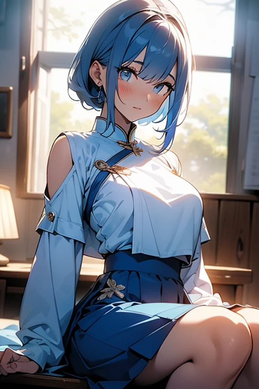 anime,1girl,pov,masterpiece,high quality,High resolution,HD,4K,8K,viscous paint,photo realistic,white hair,(Blue clothe:1.5),Nurse,(Ao Dai:1.2),Cape,(open shoulders:1.4),underbust,(breastshaping:1.2),(boob shaped clothes:1.3),mini tight Skirt,Clothes full of gaps