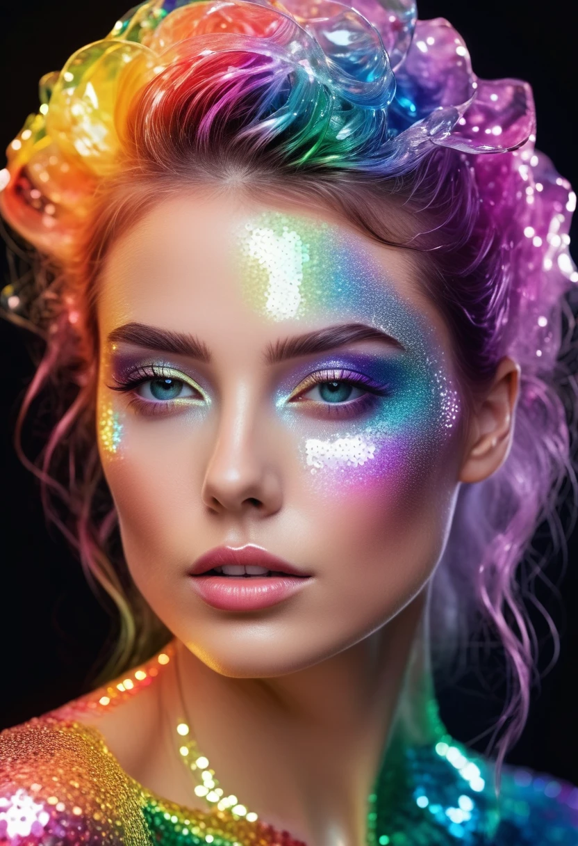 Realistic portraits,
Fantasy photos, Sharp focus,
Woman made of sparkling transparent rainbow colors. (She is translucent:1.95), Seamlessly blends with air, Exudes crystal clear ethereal color,