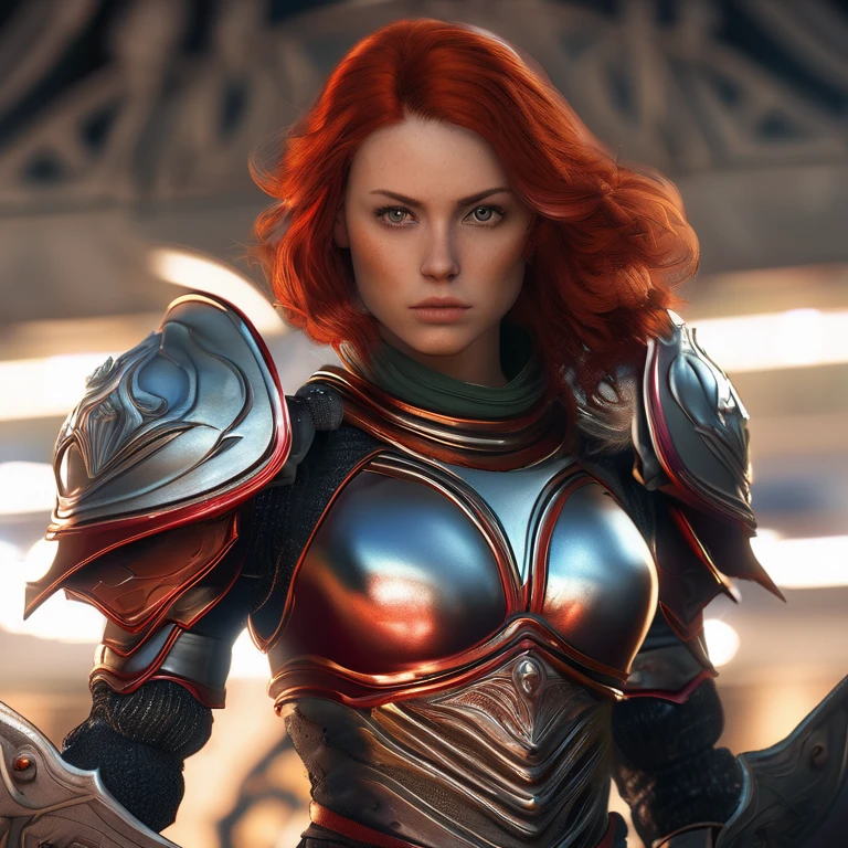 young woman, fit, athletic, red hair, in armor, helmet, holding a sword, wide angle shot, detailed, perfect face, detailed pupils, perfect anatomy, sharp focus, insanely detailed, realistic, detailed, sharp, fine and precise, delicate lines, complex cinematography, sharp focus, dynamic posture, highly detailed, high quality, detailed face, detailed eyes, insanely detailed, 32k, studio cinematic lighting, crisp focus, graininess, feeling of passion, ideal body proportions