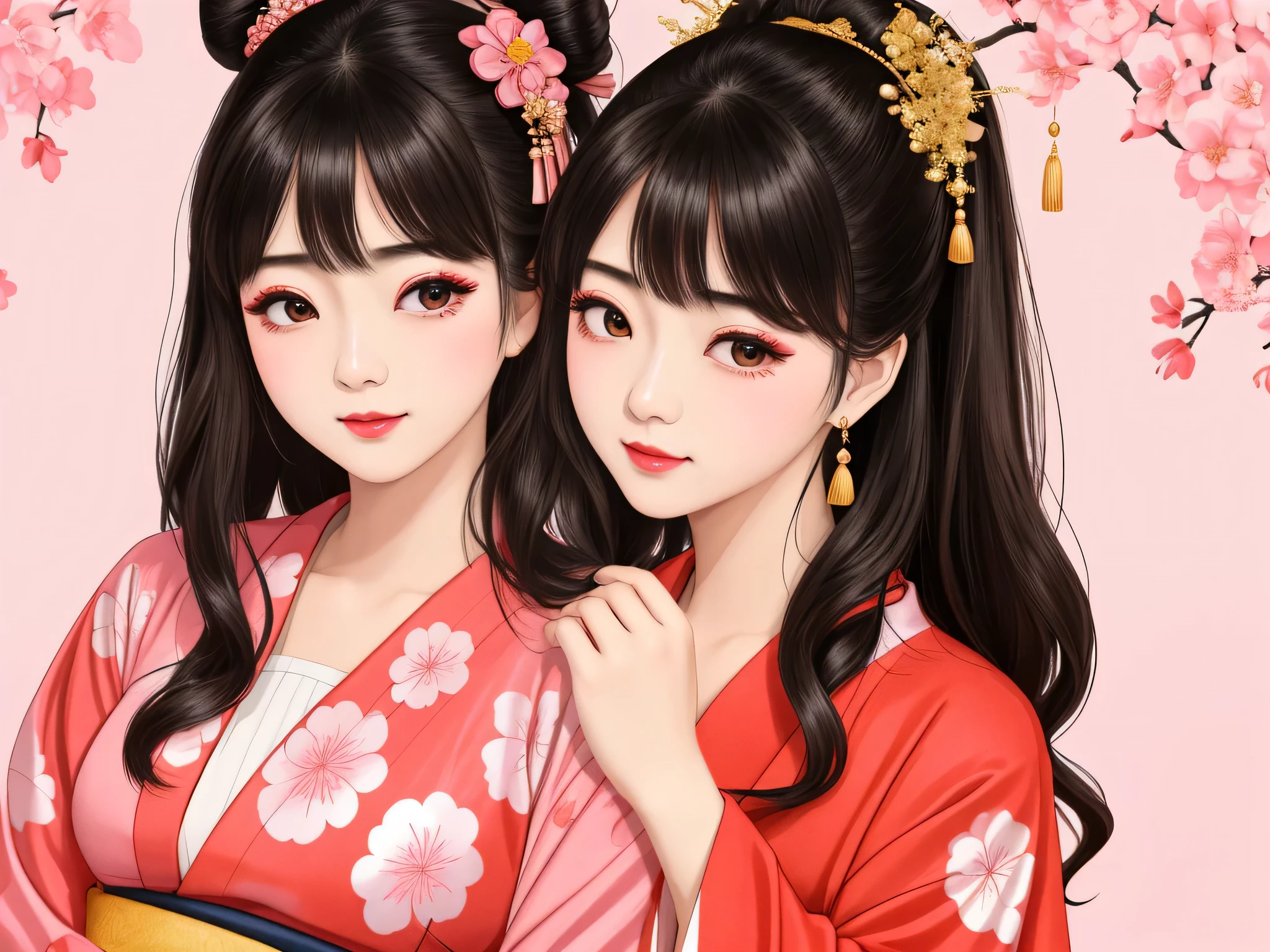 Each has a different expression２People and sisters、(２ girls）、｟Dancing traditional performing arts gracefully)、((Big Breasts、Small Face、Not exposed))、highest quality、masterpiece、（Black Hair、Bun Hair）、Brown Eyes、｟Wide angle、Angle from above, from the waist up、Pause on the magazine cover、Each person has a different perspective when looking into the distance｠、(８K high quality、masterpiece、High resolution、Realistic and beautiful light and shadow、(highest quality)、(High Resolution)、(Very delicate and beautiful)、(Beautiful 8k face)、(Smiling and closing your eyes、Beautiful eyes)、(Clear skin)、(Soft hair)、(８Head to Body)、(A Japanese style yukata kimono with red, pink and orange floral patterns on a white background, interspersed with gold powder、Five beautiful Japanese girls wearing yukata)、((Tanabata decoration background))、((Small Face))、(arms up)、Thin and small nose、（Red lipstick）、（Make your cheeks red）、（Glossy skin）、((Ink painting style))、Very thin eyebrows、Overall ultra-high image quality、（She is wearing maiko-style makeup.）、Whitening、Long and beautiful eyelashes、Glowing Skin、（Red cheeks）,Straight nose、masterpiece、highest quality、whole body、 Eyebrows visible through hair、Bun Hair、Grin、Gal、Kogal、Viewer&#39;s Eyes、Plaid、Stylish、woman、fine、Pause、
Waiting to start 

