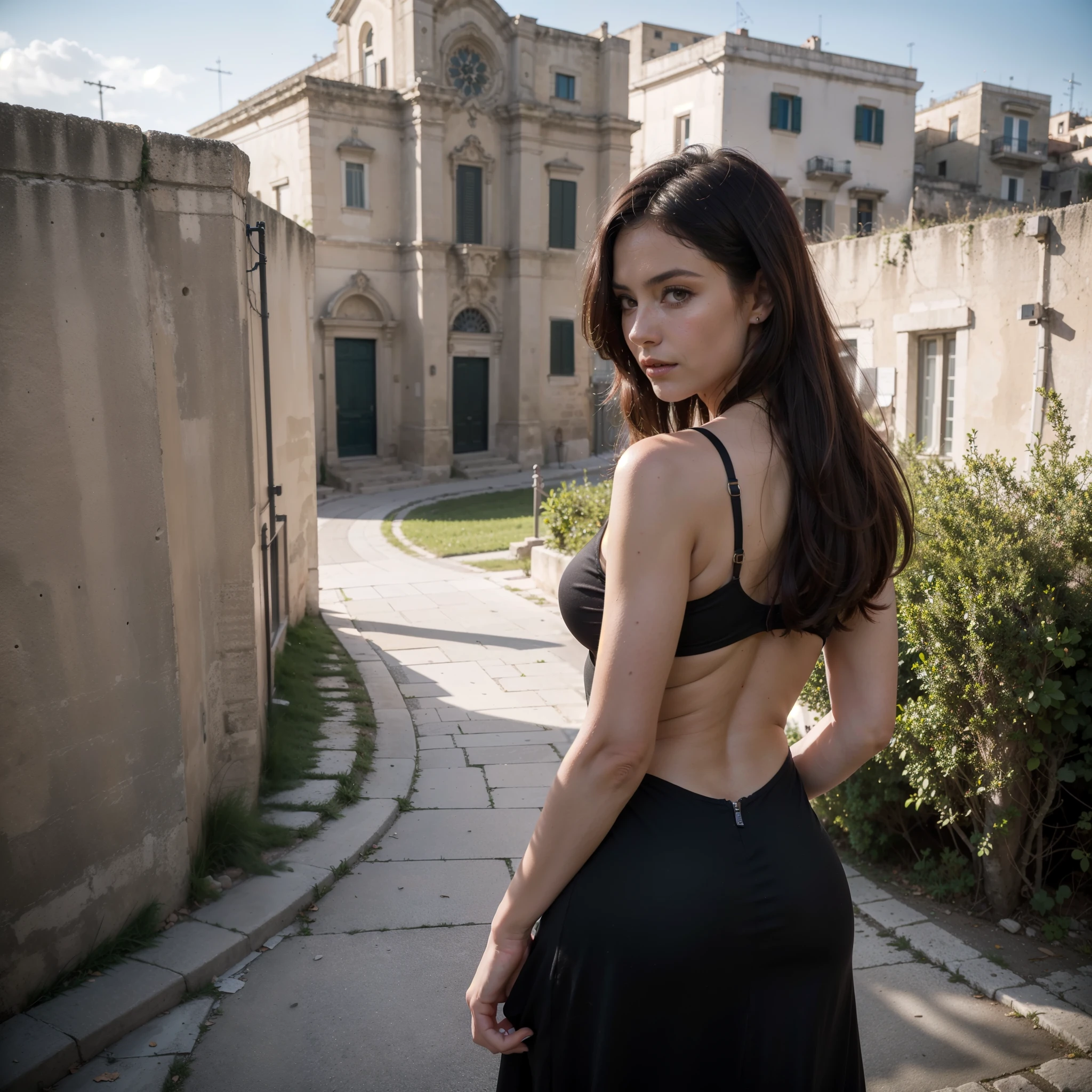sassi_di_matera, (a religious Italian woman climbs a country road towards a church in the hills), a church at the top of the hill, ((gorgeous Lady walking in the streets of Matera. 1woman redhead wearing a night black dress with open back)), atmospheric oliva lighting, 4k UHD, dark vibes, hyper detailed, vibrant colours red sky background, epic composition, octane render, sharp focus, high resolution isometric, wide angle. (sassi_di_matera), realistic hands