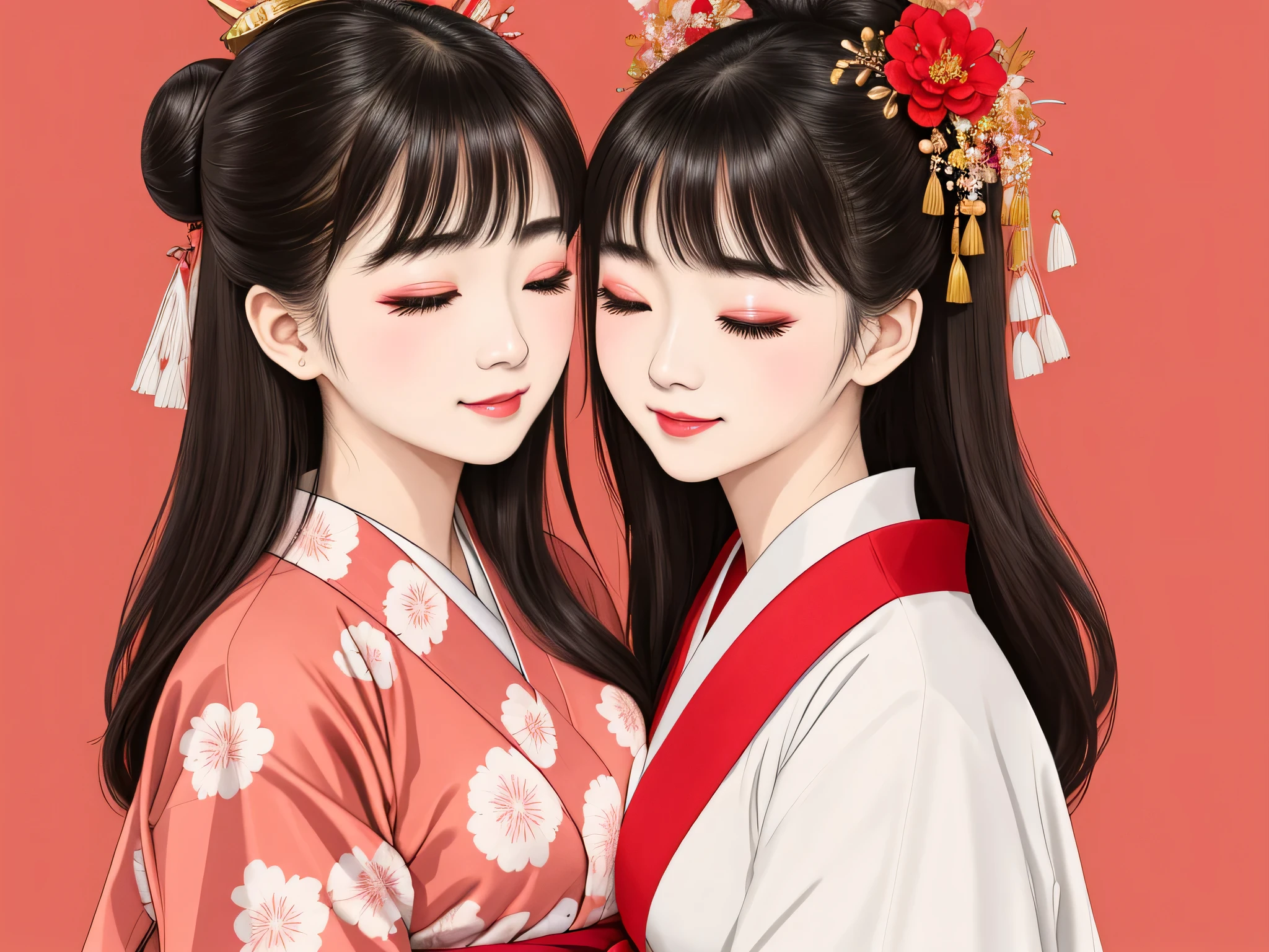 Each has a different expression２People and sisters、(２ girls）、｟Dancing traditional performing arts gracefully)、((Big Breasts、Small Face、Not exposed))、highest quality、masterpiece、（Black Hair、Bun Hair）、Brown Eyes、｟Wide angle、Angle from above, from the waist up、Pause on the magazine cover、Each person has a different perspective when looking into the distance｠、(８K high quality、masterpiece、High resolution、Realistic and beautiful light and shadow、(highest quality)、(High Resolution)、(Very delicate and beautiful)、(Beautiful 8k face)、(Smiling and closing your eyes、Beautiful eyes)、(Clear skin)、(Soft hair)、(８Head to Body)、(A Japanese style yukata kimono with red, pink and orange floral patterns on a white background, interspersed with gold powder、Five beautiful Japanese girls wearing yukata)、((Tanabata decoration background))、((Small Face))、(arms up)、Thin and small nose、（Red lipstick）、（Make your cheeks red）、（Glossy skin）、((Ink painting style))、Very thin eyebrows、Overall ultra-high image quality、（She is wearing maiko-style makeup.）、Whitening、Long and beautiful eyelashes、Glowing Skin、（Red cheeks）,Straight nose、masterpiece、highest quality、whole body、 Eyebrows visible through hair、Bun Hair、Grin、Gal、Kogal、Viewer&#39;s Eyes、Plaid、Stylish、woman、fine、Pause、
Waiting to start 
