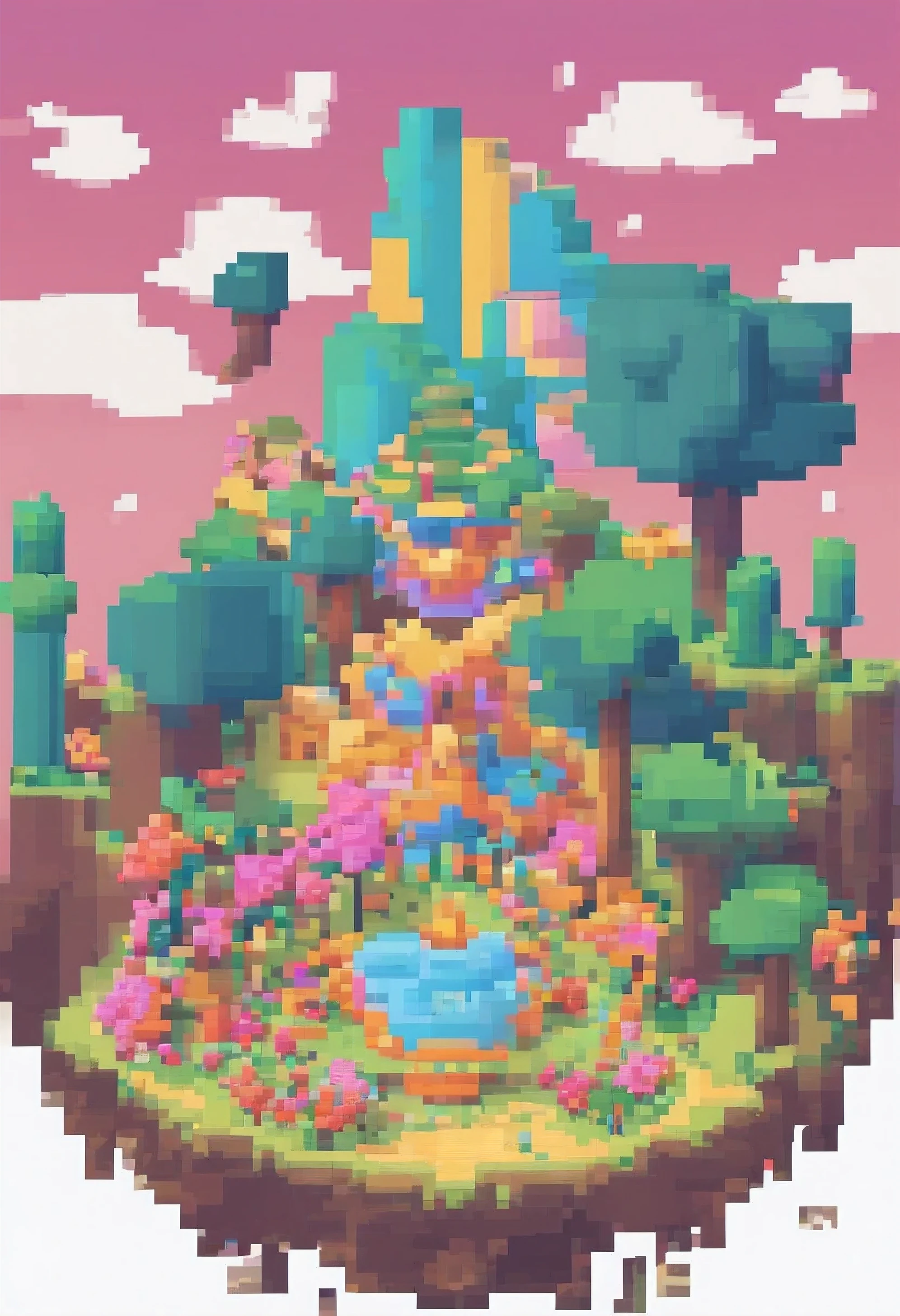 Make a world full of blocks that stand out and with radiant, beautiful paints,this world is circular,tem um sol grande e feitos de blocos,he is very bright,There are monsters walking around the scenes full of pink and beautiful flowers in various colors,The character who is on his back has a sword highlighted in diamonds and diamonds,he has it up ((everything with maximum detail and quality)) ele tem asas de anjo feito de blocos pequenos,he is stepping on blocks and there are trees around,make everything approximate to fit everything in the image,tudo 3d 8k realista com muito realismo