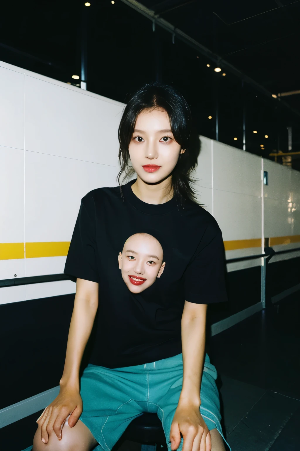 full body girl, arafed woman in a black shirt sitting, background at plane museum, outlive streetwear collection, black t-shirt, trending on r/streetwear, official product photo, she is wearing streetwear, mid shot portrait, gemma chen, short sleeves, official product image, black shirt, taken in 2 0 2 0, ad image, closeup portrait shot, ji-min, random pose for model streetwearing, showing off the t-shirt design on his chest ,look at viewer, masculine pose, male model style