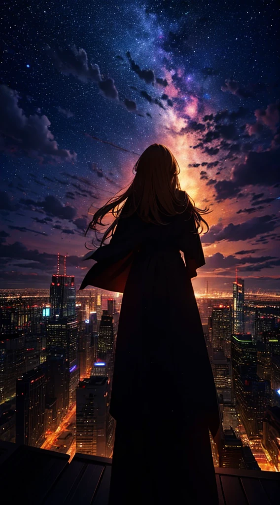 １people々々々々,Blonde long-haired woman，Long coat， Dress Silhouette， Rear View，Space Sky, comet, Anime Style, City night view from the rooftop，