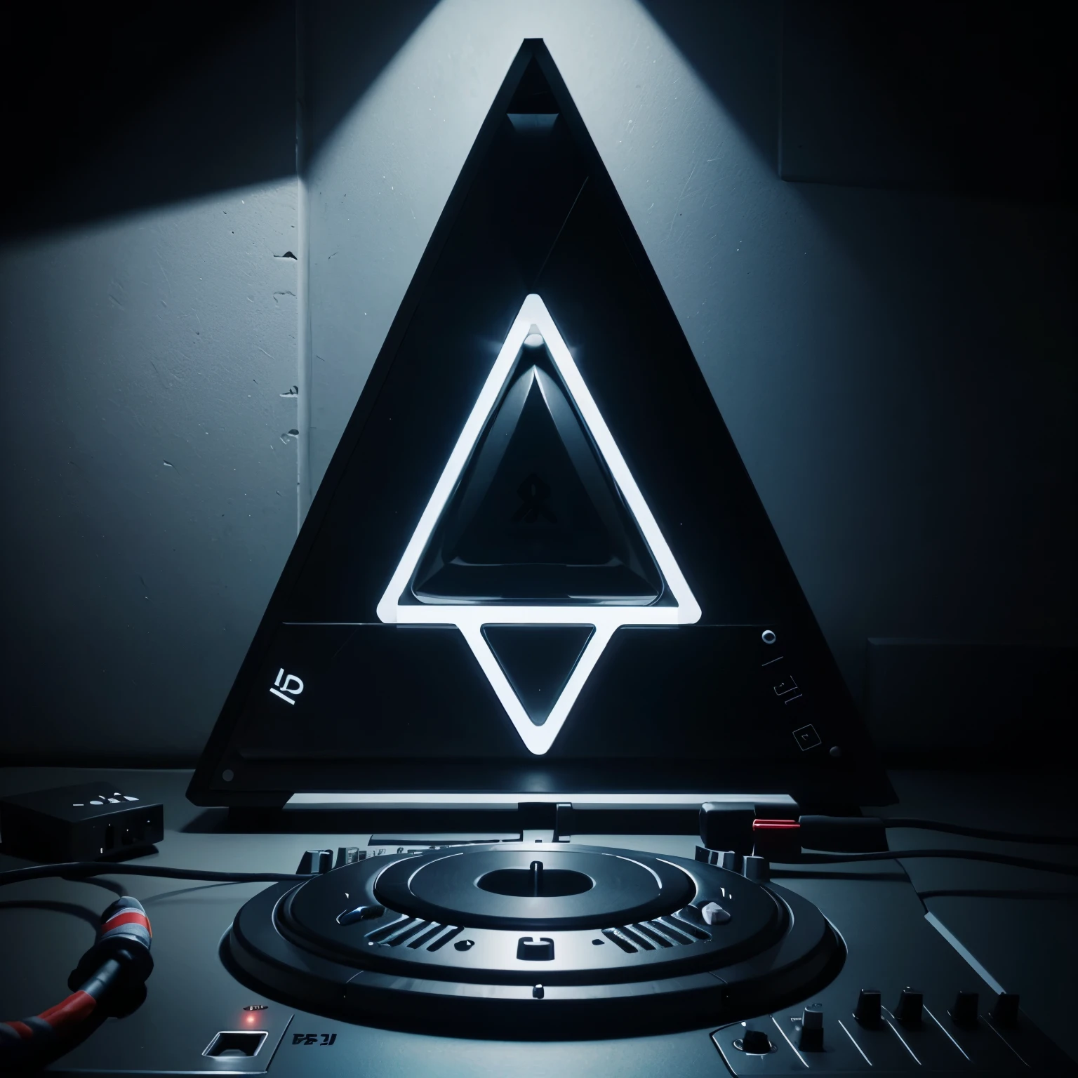 Triangle formed by a DJ mixer with the letters JJ inside the triangle and the letters formed with the headphone cable