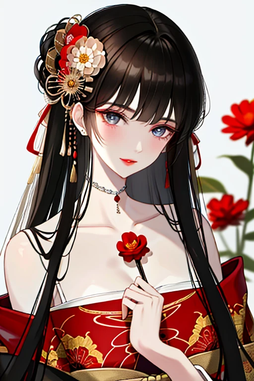 masterpiece,best quality,absurdres,original,extremely delicate and beautiful,beautiful detailed eyes and face,1girl, black hair, flower, japanese clothes, looking at viewer, red flower, solo, (shiny skin),(masterpiece:1.4),(best quality:1.4),realistic