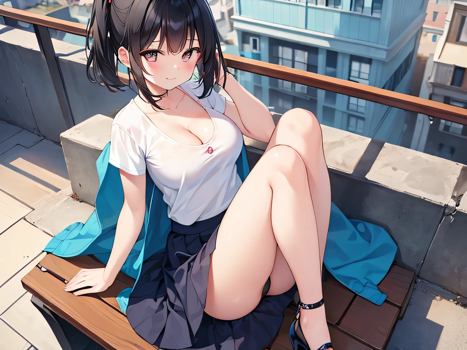 (Masterpiece, top quality, high resolution, realistic photo, realistic looking skin:1.1),
(The woman is sitting on a bench on the roof of a building:1.5),
(We are looking at her from a slightly elevated perspective: 1.8),
(She has a smiling expression:1.5),
(She is wearing a navy tailored jacket and skirt set-up with a V-neck T-shirt as innerwear:1.8),
(She is wearing black pumps:1.8),
(She is an F-cup so her cleavage is visible:1.8),
(Her skirt is so short you can almost see her panties:1.8),
(She has medium black hair:1.5),
(Location: a bench on the roof of a building:1.5),
1 Japanese girl, solo, full bodied esbian, beautiful eyes, glowing eyes, glowing thighs, NSFW