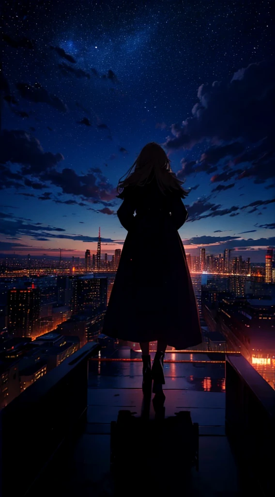 1people々々々々々,Blonde long-haired woman,Long coat, Dress Silhouette, Rear View,Space Sky, comet, Anime Style, City night view from the rooftop,