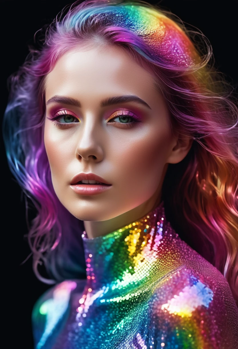 Realistic portraits,
Fantasy photos, Sharp focus,
Woman made of sparkling transparent rainbow colors. (She is translucent:1.95), Seamlessly blends with air, Exudes crystal clear ethereal color,