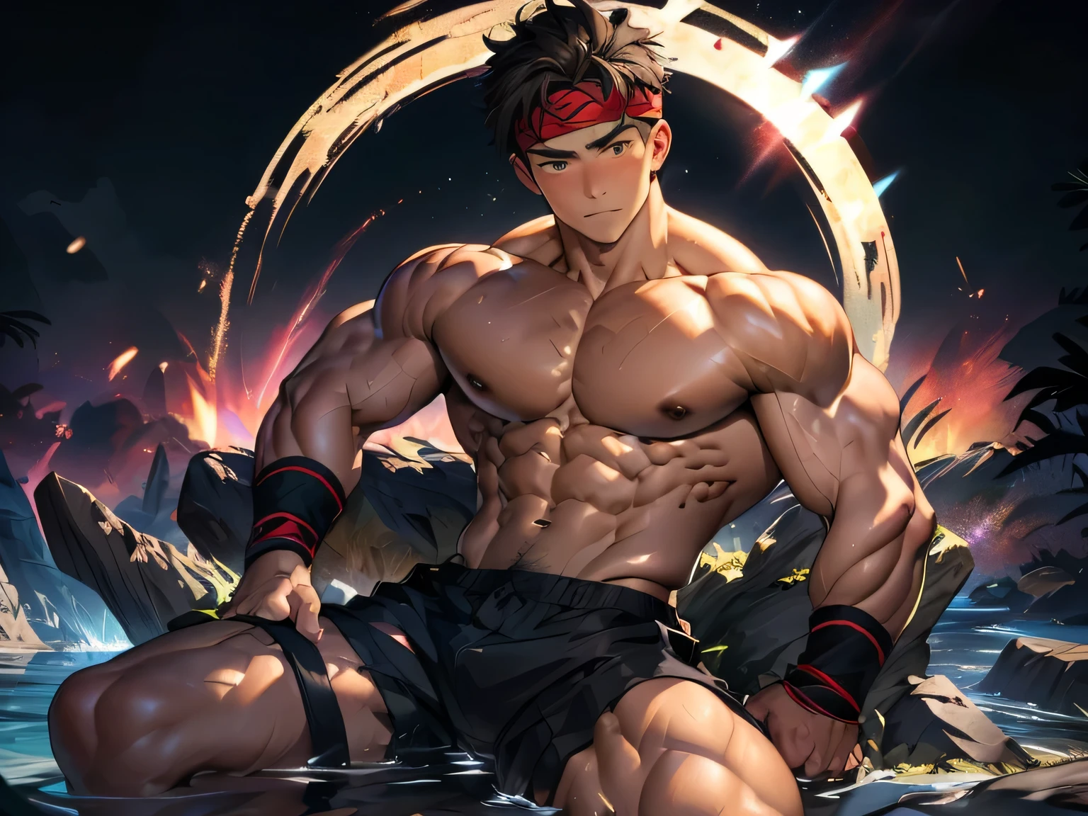 (Masterpiece, Best quality 19 year old boy, black background), solo, Young, boy, muscler, Shirtless, topless, (Dark Short straight hair, under cut, brown eyes), (torn clothes, red headband, ((black wristband))), Vivid colors, (hot Abs:1.2, abs!, big abs, big breast:1.2, chest!, muscler upper arms), (topless male), muscler!, muscler body, (aura power:1.4), detailed face, detailed muscle, (((A magical mystical aura, action, rippling muscles)))