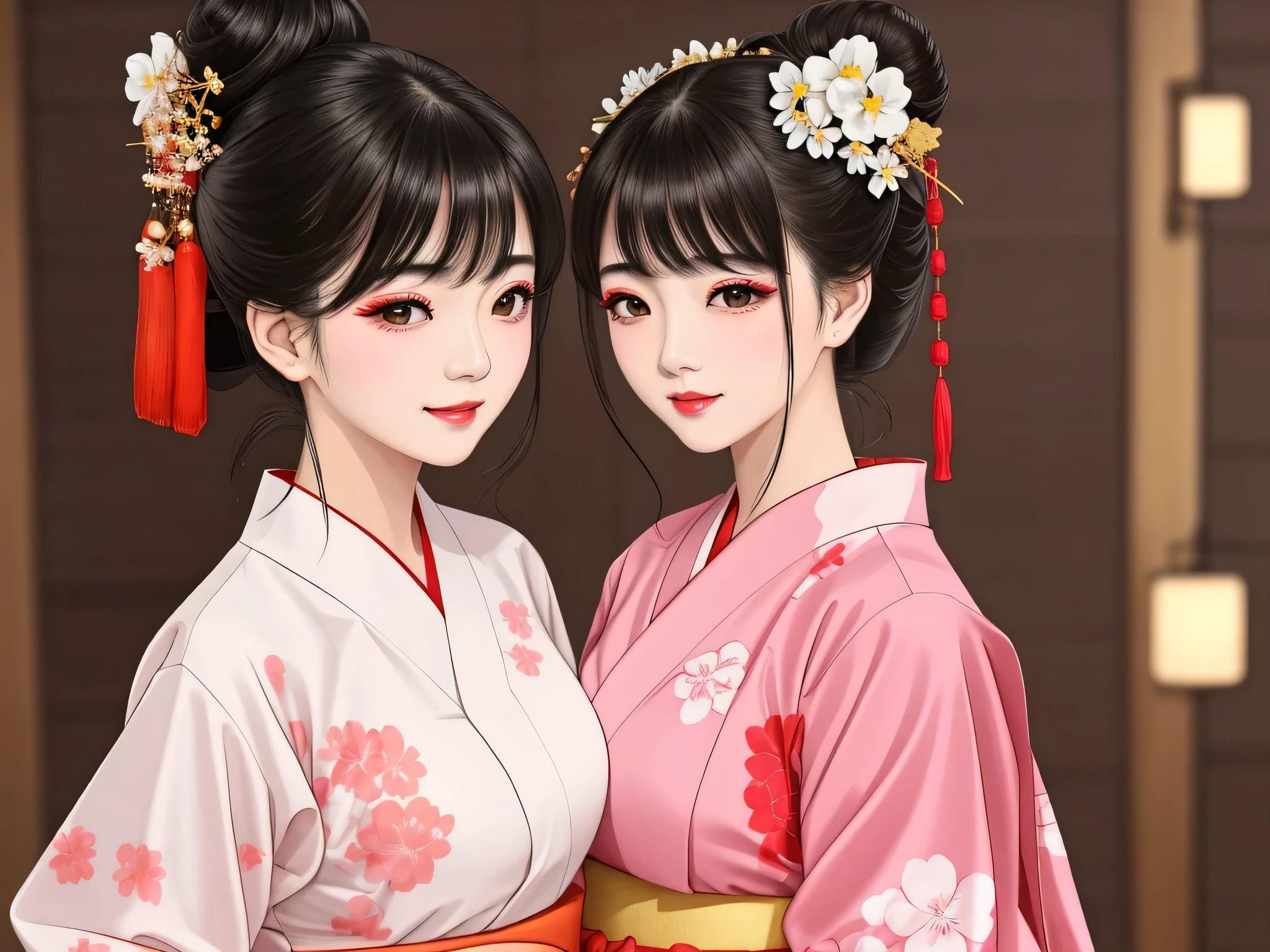 Each has a different expression２People and sisters、(２ girls）、｟Dancing traditional performing arts gracefully)、((Big Breasts、Small Face、Not exposed))、highest quality、masterpiece、（Black Hair、Bun Hair）、Brown Eyes、｟Wide angle、Angle from above, from the waist up、Pause on the magazine cover、Each person has a different perspective when looking into the distance｠、(８K high quality、masterpiece、High resolution、Realistic and beautiful light and shadow、(highest quality)、(High Resolution)、(Very delicate and beautiful)、(Beautiful 8k face)、(Smiling and closing your eyes、Beautiful eyes)、(Clear skin)、(Soft hair)、(８Head to Body)、(A Japanese style yukata kimono with red, pink and orange floral patterns on a white background, interspersed with gold powder、Five beautiful Japanese girls wearing yukata)、((Tanabata decoration background))、((Small Face))、(arms up)、Thin and small nose、（Red lipstick）、（Make your cheeks red）、（Glossy skin）、((Ink painting style))、Very thin eyebrows、Overall ultra-high image quality、（She is wearing maiko-style makeup.）、Whitening、Long and beautiful eyelashes、Glowing Skin、（Red cheeks）,Straight nose、masterpiece、highest quality、whole body、 Eyebrows visible through hair、Bun Hair、Grin、Gal、Kogal、Viewer&#39;s Eyes、Plaid、Stylish、woman、fine、Pause、
Waiting to start 
