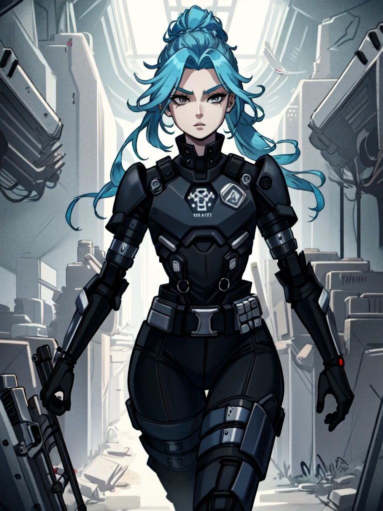 android, femboy, male, joints, robot, black eyes, midnight blue hair, circuits running through skin, braided hair, uniform, curvy, flat chest, male chest, 1boy, solo