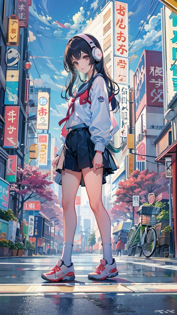 (masterpiece), (highest quality:1.4), (Ultra-high resolution:1.2), Highly detailed background, (unity 8k wallpaper), Cute high school girl wearing headphones walking through the streets of Tokyo。Illustrations inspired by city pop culture、、Wear loose socks for a stylish and nostalgic look、Display one subject without splitting the screen、17 years old、tall