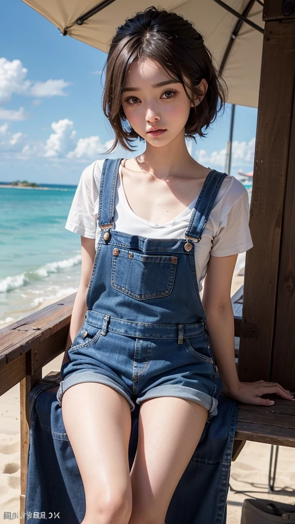 UHD, retina, masterpiece, ccurate, anatomically correct, textured skin, super detail, high details, high quality, award winning, best quality, highres, 1080P, HD, 4K, 8k, 16k、blue sea、Wide sky、Deep sandy beach、Cute Girls、(denim overalls:1.2)、Sunburn mark、Lay a sheet on the beach、Resting on the seat、Clearly defined pussy line:1.2、In heat, put your fingertips between your legs:1.5,((((Flat Chest))))、Beautiful pussy lines:1.2、(She takes off her lower body and shows us her beautiful pussy line.:1.5),