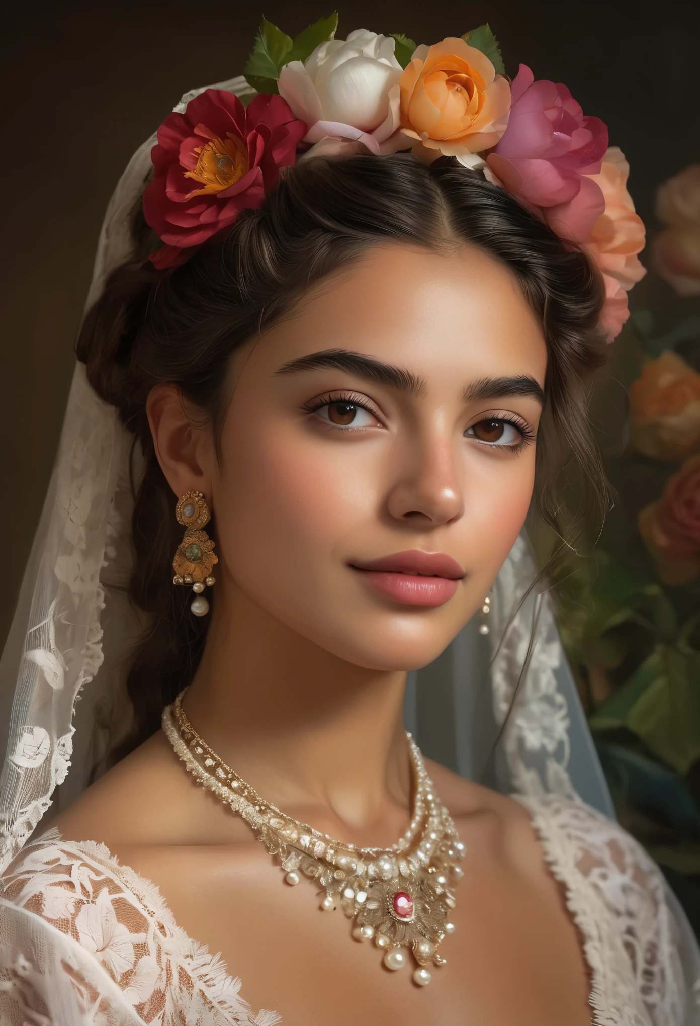 (ultra-detailed,photorealistic:1.37),(best quality,4k,8k,highres,masterpiece:1.2),oil painting,beautiful Mexican girl portrait,19th century,vibrant colors,soft lighting,detailed eyes and lips,long dark hair,delicate lace dress,rosy cheeks,flower hair accessory,pearl earrings,sophisticated pose,subtle smile,rich background,floral patterns,ornate frame