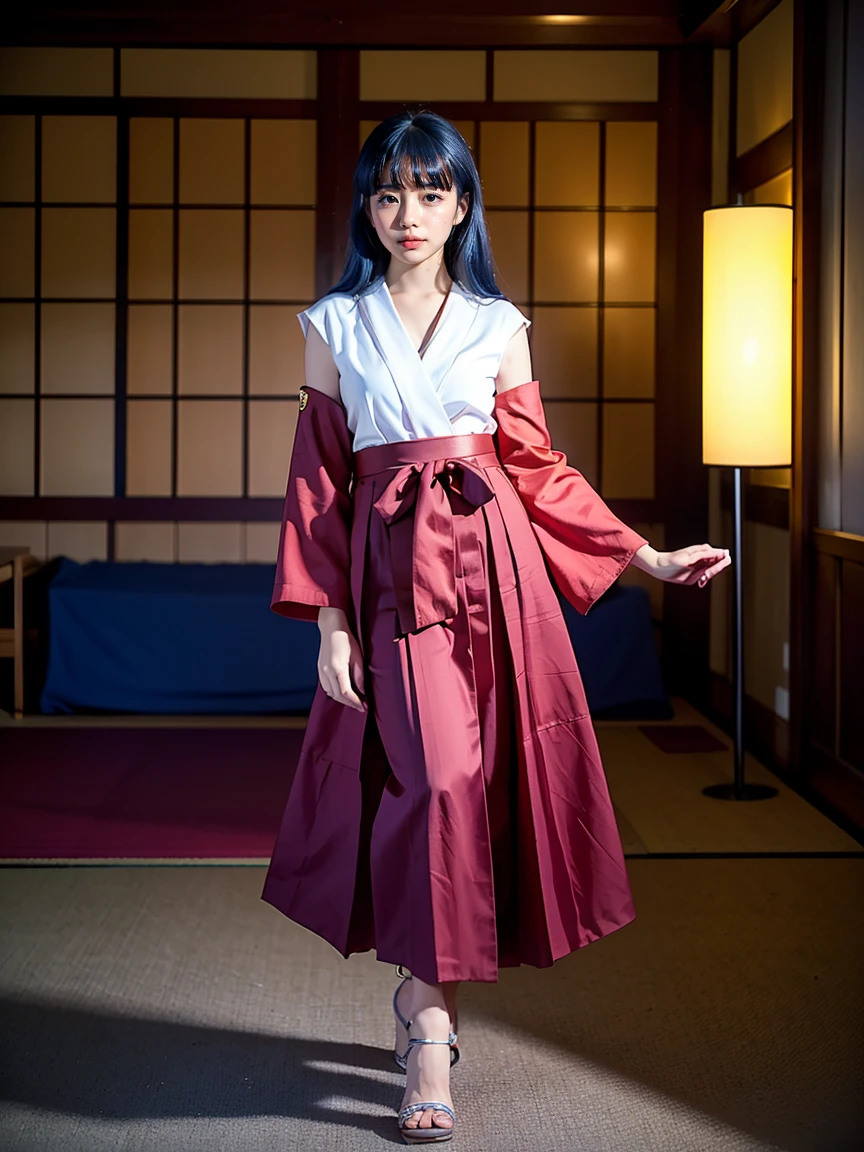 (1 lady), (Best quality at best:1.4), (ultra - detailed), (extremely detailed CG unified 16k), A Beautiful Girl: 1.4, Sharp Focus: 1.2, very detailed, High-definition RAW color photo, professional photoshooting, amazing face and eyes, (amazingly beautiful girl), ((furude rika, 11 years old girl)), ((japanese clothes, hakama, hakama skirt, detached sleeves, miko, skirt, red hakama)), standing, (Dark and stylish inside temple), (look from down), realistic cinematic face, head to feet long wide zoomed out view, full body long view, photorealistic, ((realistic natural dark blue hair style, bangs, long hair, purple eyes, blush)), extremely beautiful face, perfect beauty, pout mouth, Highly Detailed Face and Skin Texture, Detailed Eyes, Double Eyelids, Small Breasts, cleavages, western, (masterpiece), best quality, high resolution, extremely detailed, blurred background, depth of field, cinematic lighting, amazing legs, high heels, clear and well-cared skin, drinking red wine