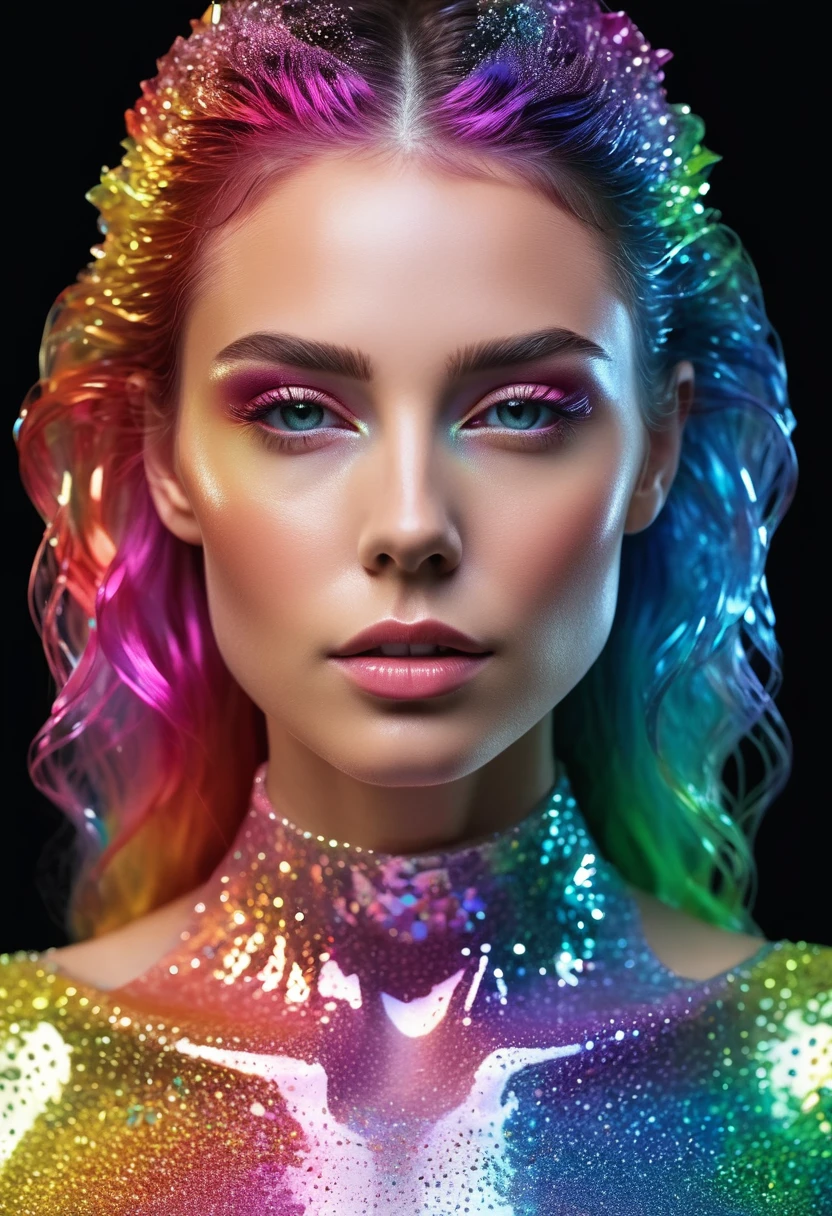 Realistic portraits,

Fantasy photos, Sharp focus，bust，

Woman made of sparkling transparent rainbow colors. (She is translucent:1.95), Seamlessly blends with air, Exudes crystal clear ethereal color, 

