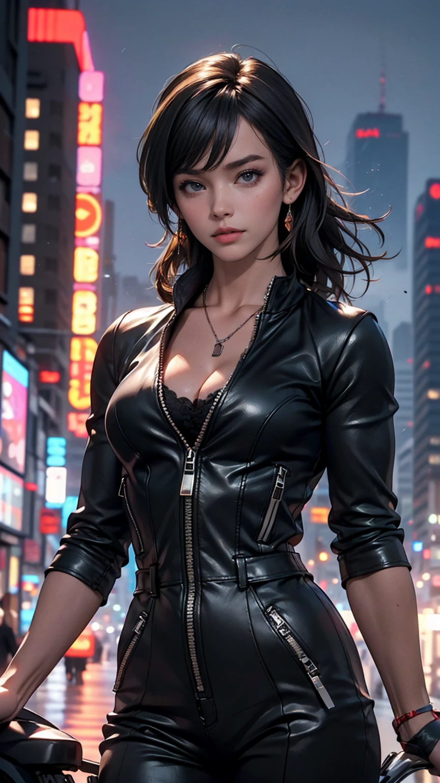 ((最high quality, 8K, masterpiece: 1.3, Ultra HD, high quality, 最high quality, High resolution, realism)) 、(High saturation:1.0), (Highly detailed skin), (最high quality:1.0), (超High resolution:1.0) ,(Realistic:1.0), (Very detailed:1.0), (8K, Raw photo:1.1), slender、Mine Fujiko、I'm on top of a skyscraper at night、Nice body、Wearing black motorcycle jumpsuits、Open the zipper just enough to see your cleavage