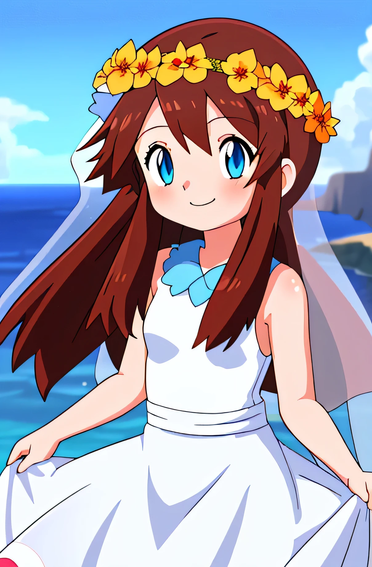 Melody_Pokemon, blue eyes, long hair, brown hair, sleeveless white dress, blue top, bridal veil, flowers, head wreath, smile, ocean, cliff, cowboy shot, facing viewer,, absurdres, ultra detailed, masterpiece, best quality, Teenager
