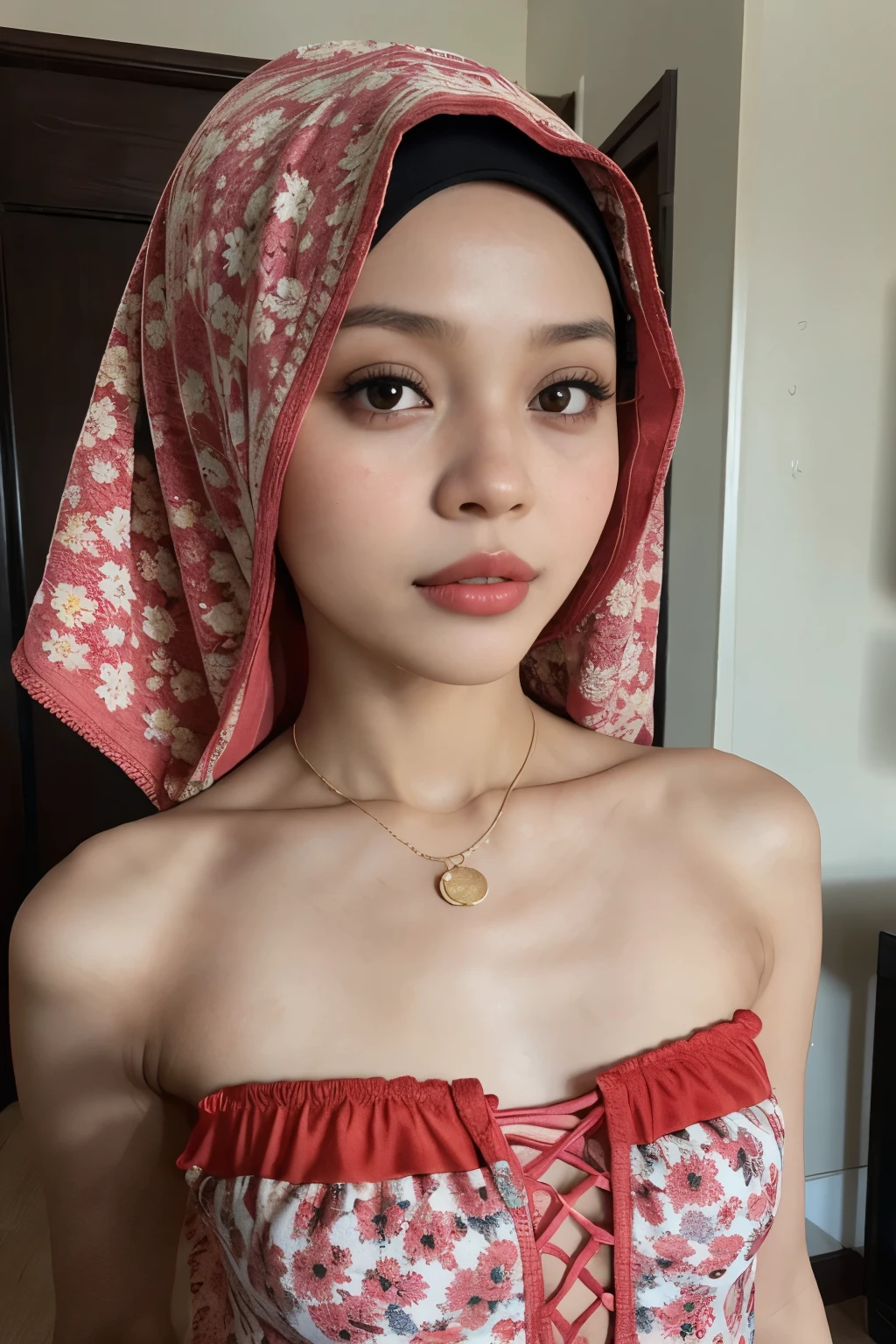 Naked, (((HIJAB MALAY GIRL))), masutepiece, High quality, UHD 32K, Realistic face, Realistic skin feeling , A Japanese Lady, 8 years old, , Very cute and baby-like face, (((FLAT CHEST))), (MATRIX WORLD), ((look In front  at the camera and SADNESS)), ((())), (((CUTE GIRL))), ((RED LIPS)), wering lingerie Floral Pattern 