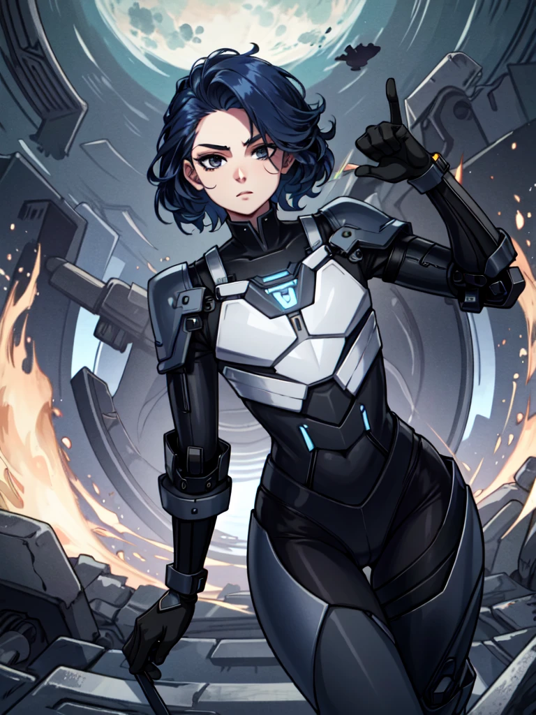 android, femboy, male, joints, robot, black eyes, midnight blue hair, circuits running through skin, braided hair, uniform, curvy, flat chest, male chest, 1boy, solo, full hips