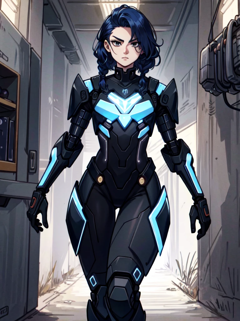android, femboy, male, joints, robot, black eyes, midnight blue hair, circuits running through skin, braided hair, uniform, curvy, flat chest, male chest, 1boy, solo, full hips