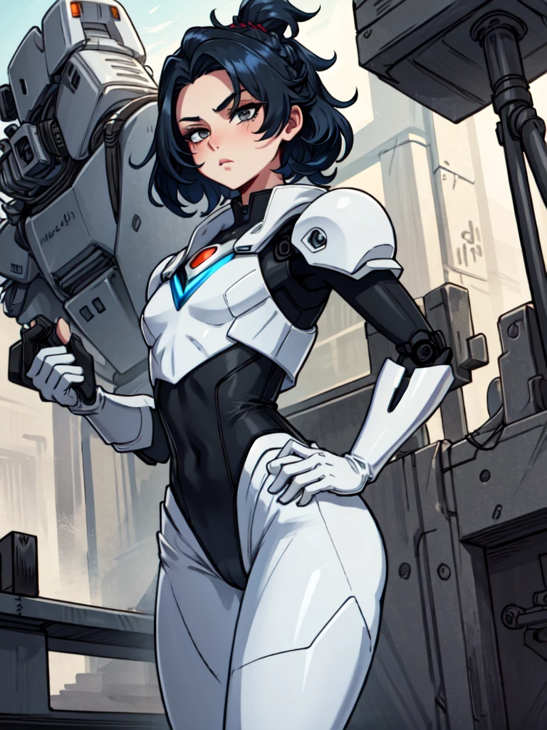 android, femboy, male, joints, robot, black eyes, midnight blue hair, circuits running through skin, braided hair, uniform, curvy, flat chest, male chest, 1boy, solo, full hips, girly