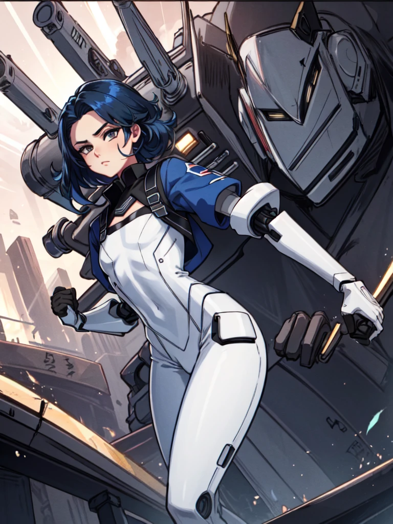 android, femboy, male, joints, robot, black eyes, midnight blue hair, circuits running through skin, braided hair, uniform, curvy, flat chest, male chest, 1boy, solo, full hips, girly