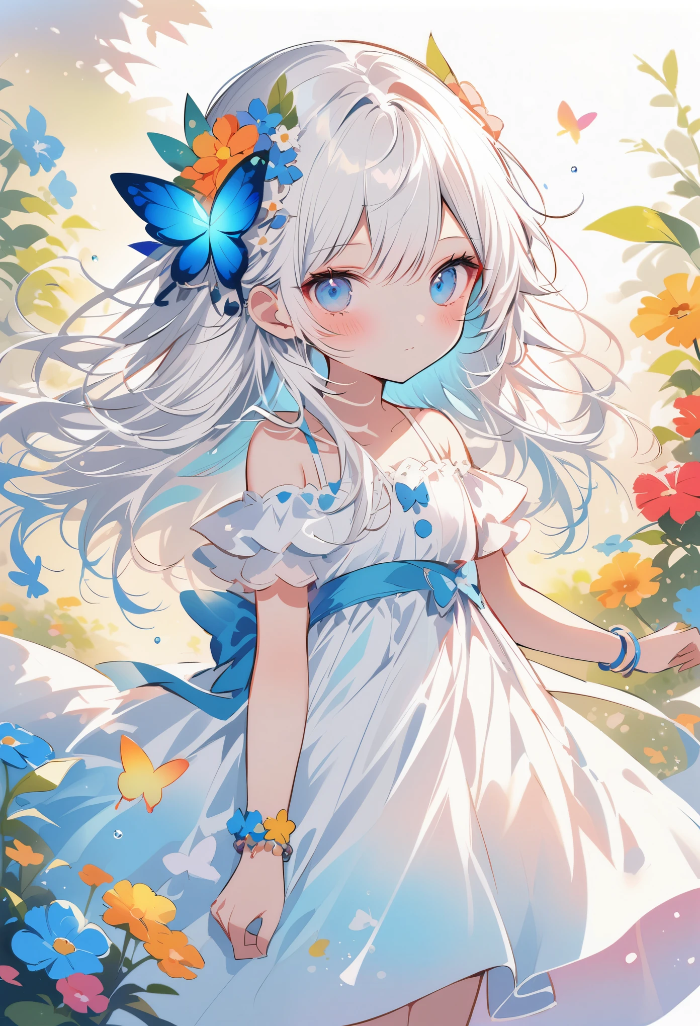 masterpiece,best quality,high quality,(colorful),Artist onineko,1girl,loli,flower,solo,hair ornament,dress,bug,butterfly,blue eyes,hair flower,long hair,holding,looking at viewer,blue flower,white dress,blue butterfly,bare shoulders,food,fruit,hair between eyes,strapless dress,strapless,jewelry,collarbone,white hair,blush,ribbon,standing,plant,closed mouth,bracelet,water drop,blue ribbon,leaf,