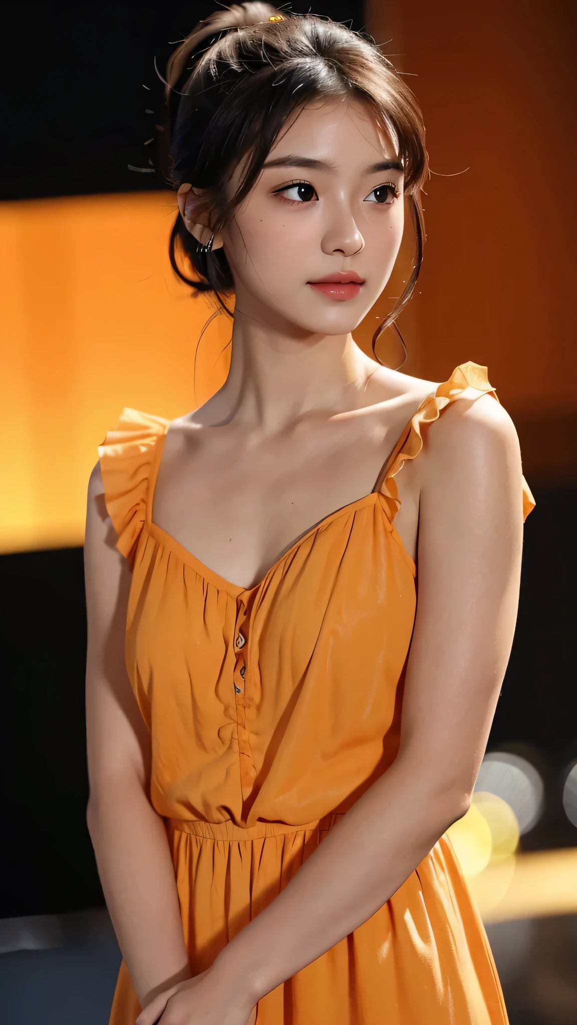 Spotlight on stage,close-up of face,One woman,fully body photo,masutepiece, The highest image quality, High quality, the background is clear，Beautiful woman, Japanese, Detailed, Detailed eyes, Detailed skin, Beautiful skin, 超hight resolution, (reality: 1.4),Very beautiful woman, Slightly younger face, Beautiful skin, slender, (Ultra photo realsisim), (hight resolution), (8K), (Very detailed) (beautifully detailed eyes), (super detailed),   (Detailed face), view the viewer, Fine details, Detailed face, Staring straight ahead, Staring straight ahead, photos realistic, Bright lighting, Professional Lighting, Black hair,poneyTail,a baby face,sixteen years old,Hairstyle is ponytail,long ponytail hairstyle,slight smile,Orange colored long dress with lots of ruffles, softly shaped skirt,