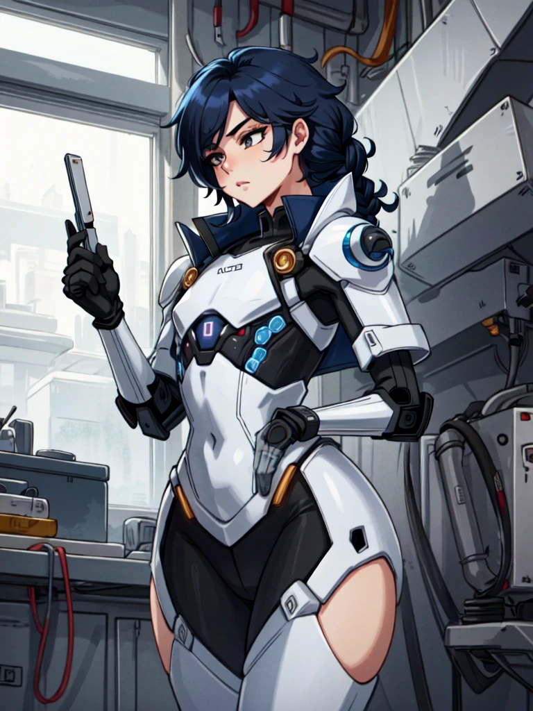 android, femboy, male, joints, robot, black eyes, midnight blue hair, circuits running through skin, braided hair, uniform, curvy, flat chest, male chest, 1boy, solo, full hips, feminine