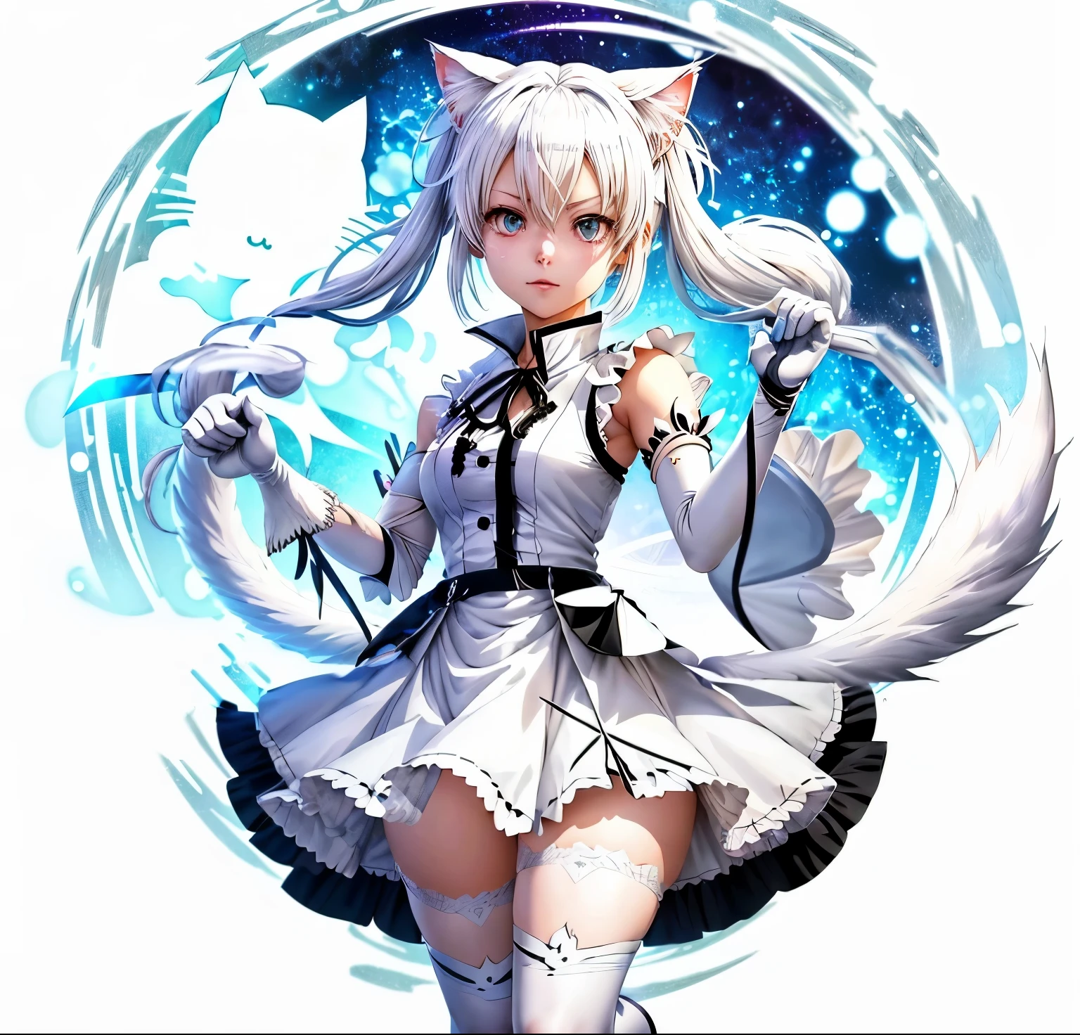 a close up of a person holding a sword in a white dress, white haired deity, twintails white_gloves, gothic maiden anime girl, nightcore, white cat girl, a silver haired mad, cat tail, bandage at the leg, advanced digital anime art ”, inspired by Sengai, female action anime girl, pixiv style, touhou character, nyaruko-san, mika kurai demon, nsfw