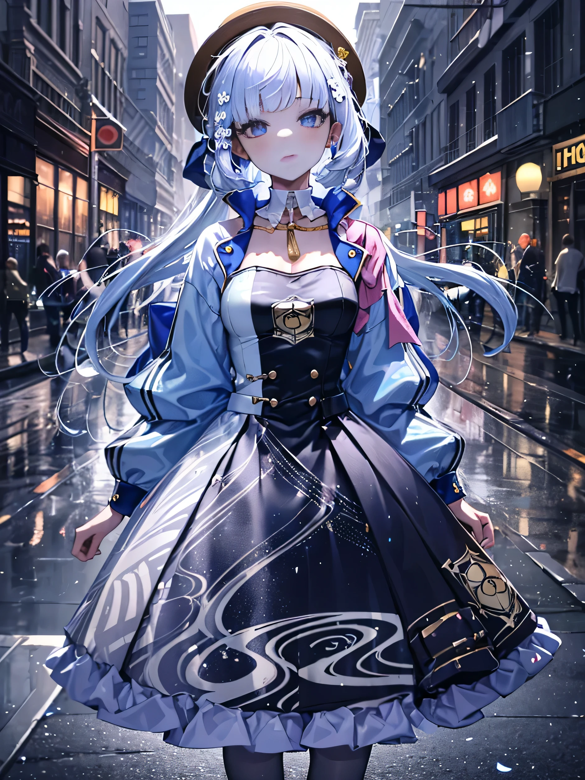 (masterpiece,best quality,ultra-detailed),1girl, rainbow hair, multicolored hair,very long hair,messy hair,(((coloured skin, grey skin))),,dress, gothic dress,((grey theme)),in a street, night