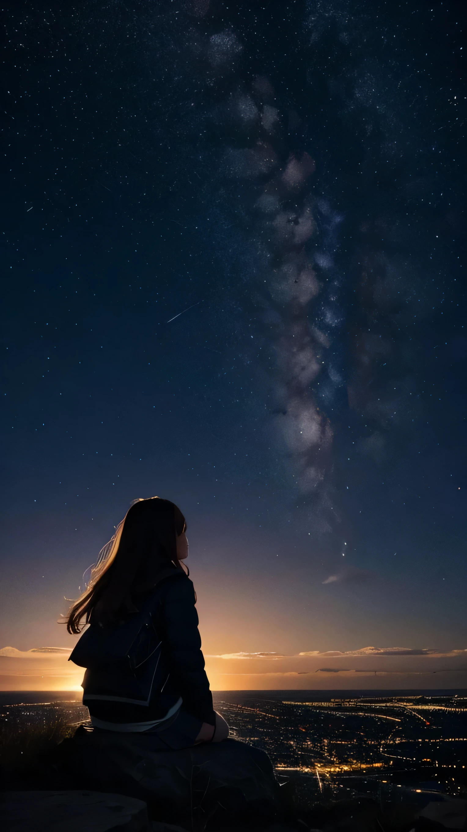 octans, sky, star (sky), scenery, starry sky, night, 1girl, night sky, solo, outdoors, building, cloud, milky way, sitting, tree, long hair, city, silhouette, cityscape