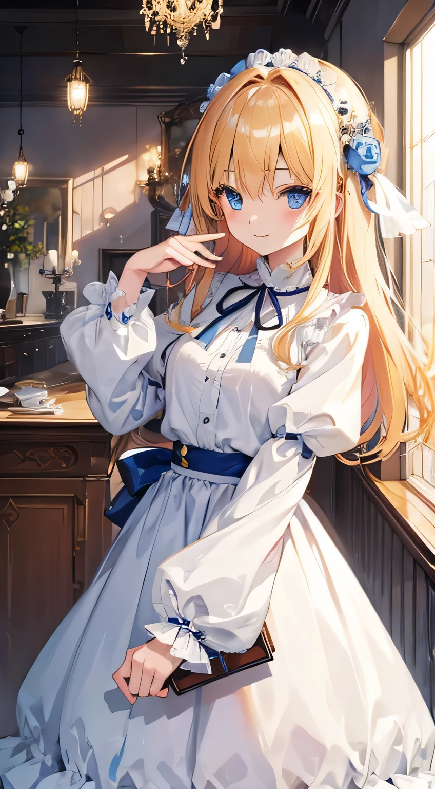 1 cute girl、solo、8k resolution、blue eyes、(Long blonde hair、Tied Hair、Heiner Hair with Colorful Jewel)、Nice hands、Perfect hands、Soft impression、blush、 Long sleeve blouse、Long skirt、Antique window sills and Western furniture store(smile、Respect)