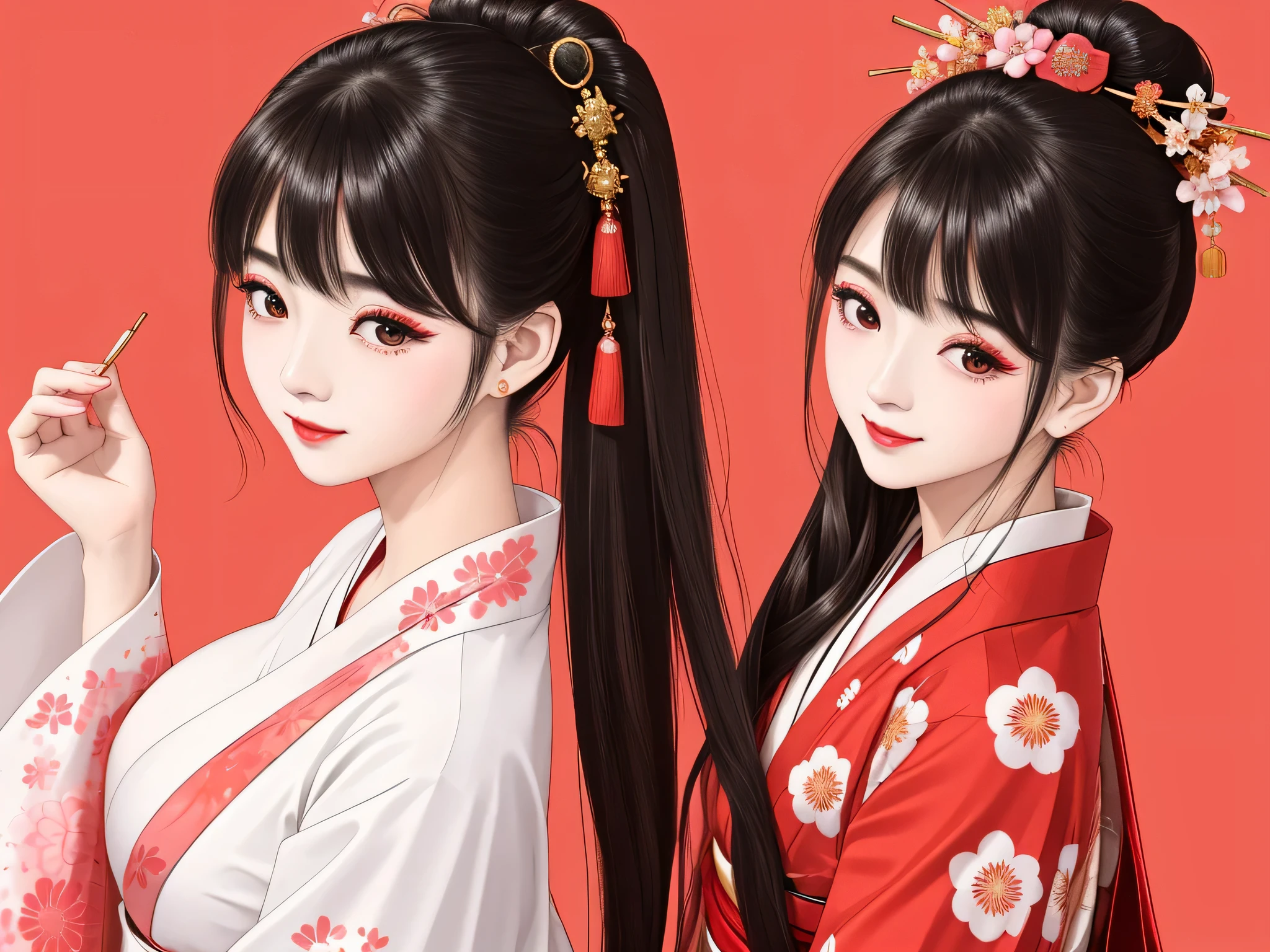 Each has a different expression2People and sisters、(2 girls)、⦅Dancing traditional performing arts gracefully)、((Big Breasts、Small Face、Not exposed))、highest quality、masterpiece、(Black Hair、Bun Hair)、Brown Eyes、⦅Wide angle、Angle from above, from the waist up、Pause on the magazine cover、Each person has a different perspective when looking into the distance⦆、(8K high quality、masterpiece、High resolution、Realistic and beautiful light and shadow、(highest quality)、(High Resolution)、(Very delicate and beautiful)、(Beautiful 8k face)、(Smiling and closing your eyes、Beautiful eyes)、(Clear skin)、(Soft hair)、(8Head to Body)、(A Japanese style yukata kimono with red, pink and orange floral patterns on a white background, interspersed with gold powder、wearing a yukata2Japanese beautiful girl)、((Tanabata decoration background))、((Small Face))、(arms up)、Thin and small nose、(Red lipstick)、(Make your cheeks red)、(Glossy skin)、((Ink painting style))、Very thin eyebrows、Overall ultra-high image quality、(She is wearing maiko-style makeup.)、Whitening、Long and beautiful eyelashes、Glowing Skin、(Red cheeks),Straight nose、masterpiece、highest quality、whole body、 Eyebrows visible through hair、Bun Hair、Grin、Gal、Kogal、Viewer's Eyes、Plaid、Stylish、woman、fine、Pause、
Waiting to start
