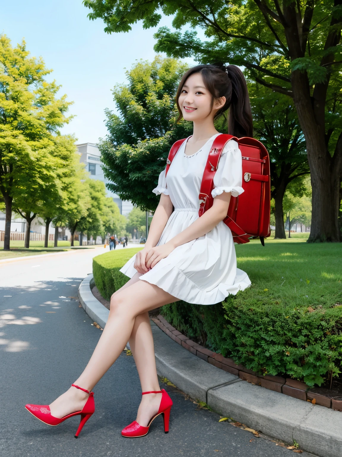 masterpiece, best quality, realistic, Korean girl, 18 y.o, high resolution, extremely detailed, detailed background, cinematic lighting, 1girl, looking at viewer, wear high heel shoes, princess costume, princess dress, wear crown, looking at viewer, medium hair, smile, brown hair, puffy sleeves, outdoor, park, kingdom, ponytail, full body, wearing  randoseru backpack, ( randoseru backpack:1.1),  dress,  standing