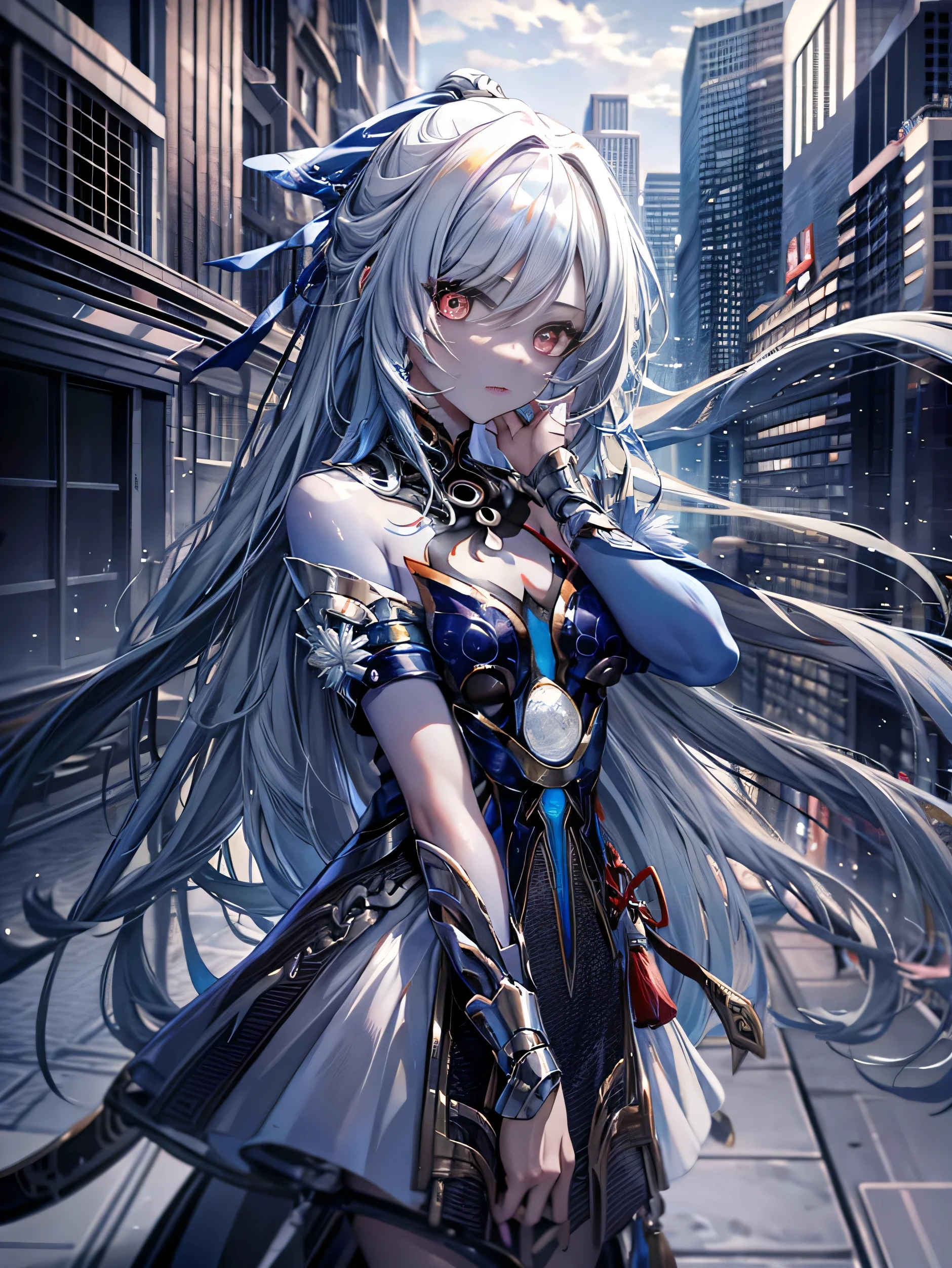 (masterpiece,best quality,ultra-detailed),1girl, rainbow hair, multicolored hair,very long hair,messy hair,(((coloured skin, grey skin))),,dress, gothic dress,((grey theme)),in a street, night