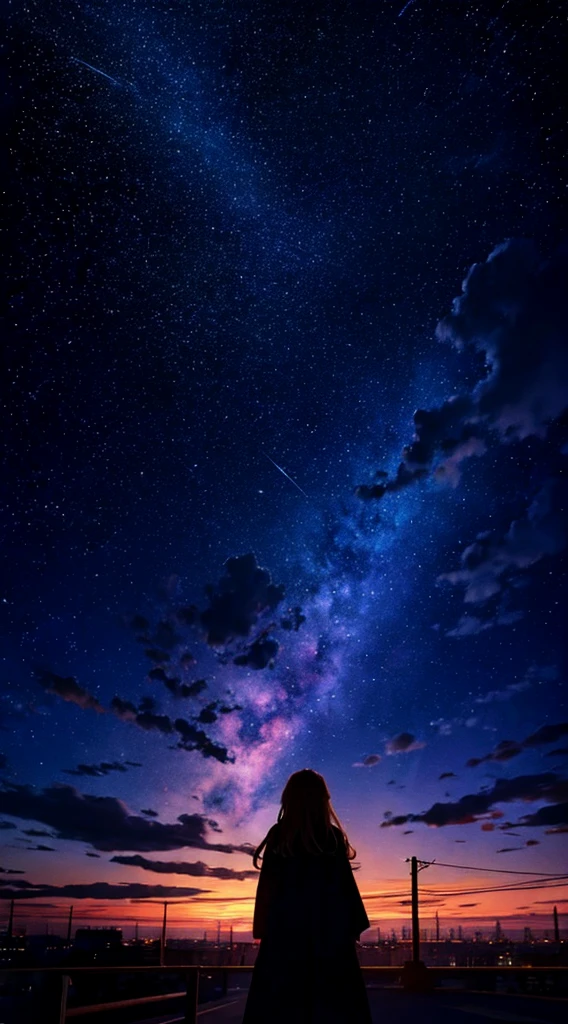 1people々々々々々,Blonde long-haired woman,Long coat, Dress Silhouette, Rear View,Space Sky, comet, Anime Style, Starry sky seen from the rooftop,