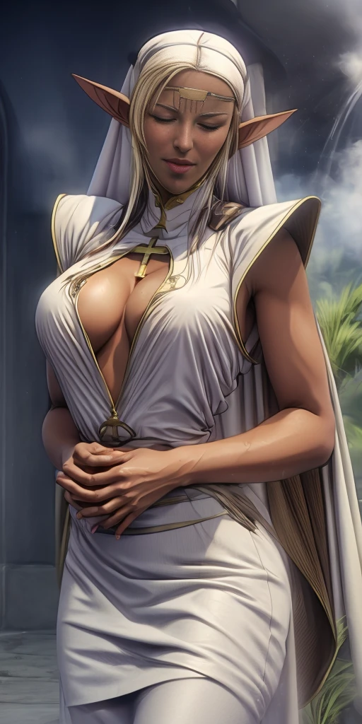 Standing, big breasts, plump, pretty face, thick body, blonde hair, hands covering eyes, seductive expression, showing a happy smile, showing armpits, masterpiece, super mass, 4k quality, high detail, elf mother, black nun turban, lace skirt, cleavage, white tights, sweaty, hands on the back of the head, lying on the ground, wet clothes, see-through, water vapor, elevation view, add_detail:1.5