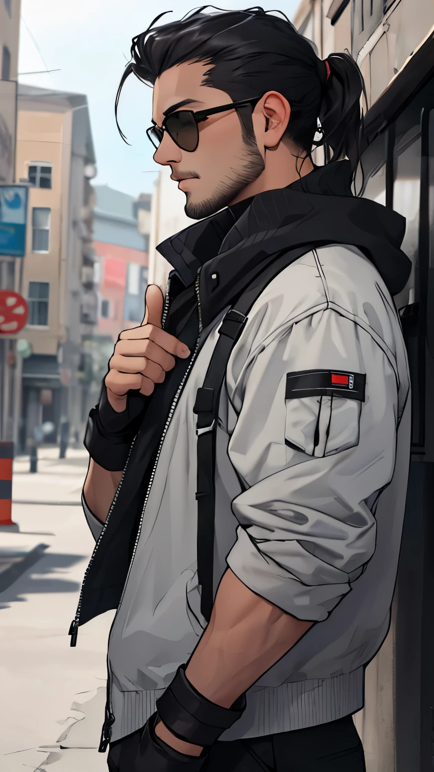 ((male)), black hair, (combed back hair), sunglasses, black fingerless gloves, outside, grey clothings