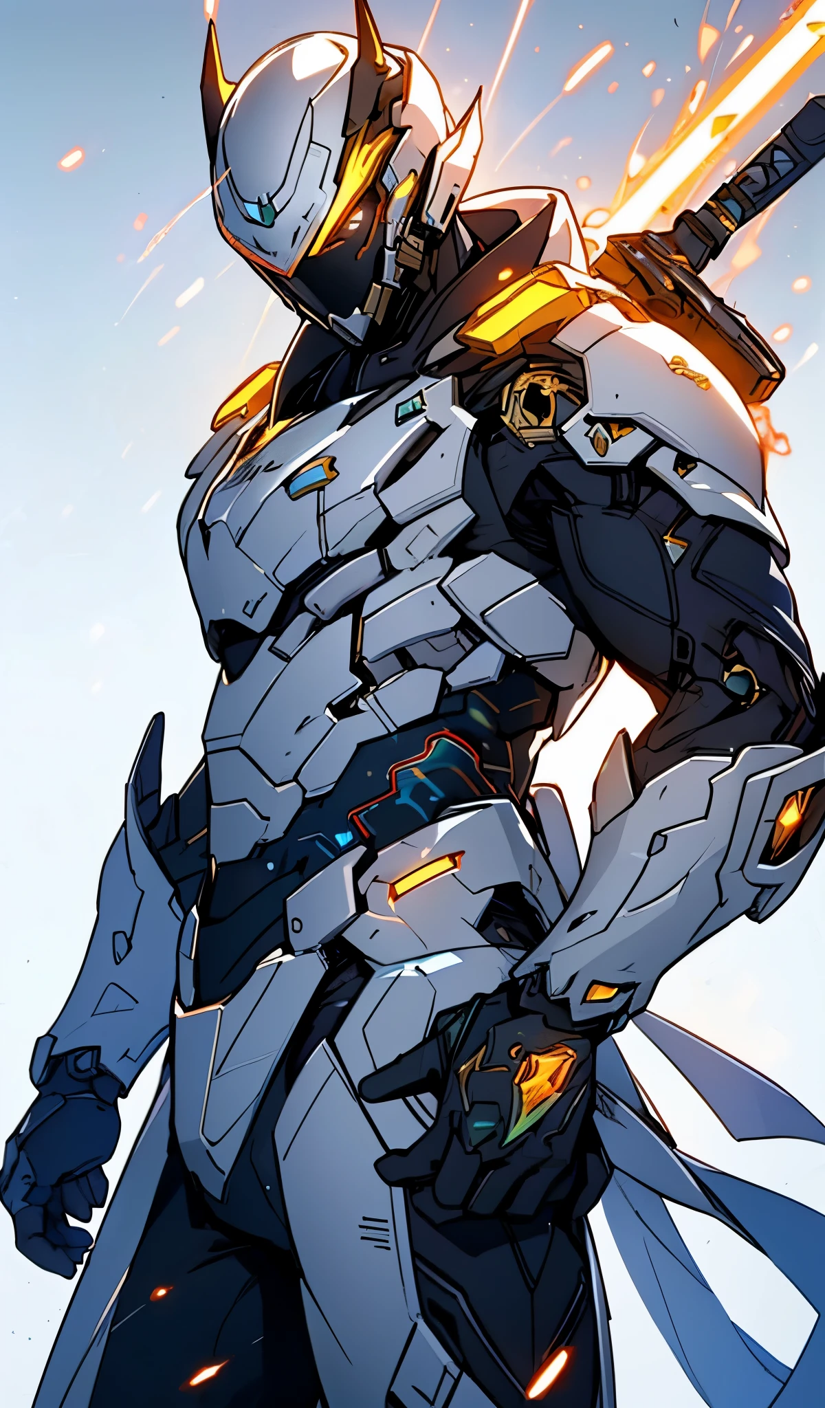 Ultra Detail，high resolution，Ultra Detail，Best quality，amazing，quality，Extremely detailed CG unified 8k wallpaper，Single Role，Draw a male character，Mech Warrior，Ninja，White lightning，Golden lightning surrounded him，White main color，White Armor，Battlefield Background