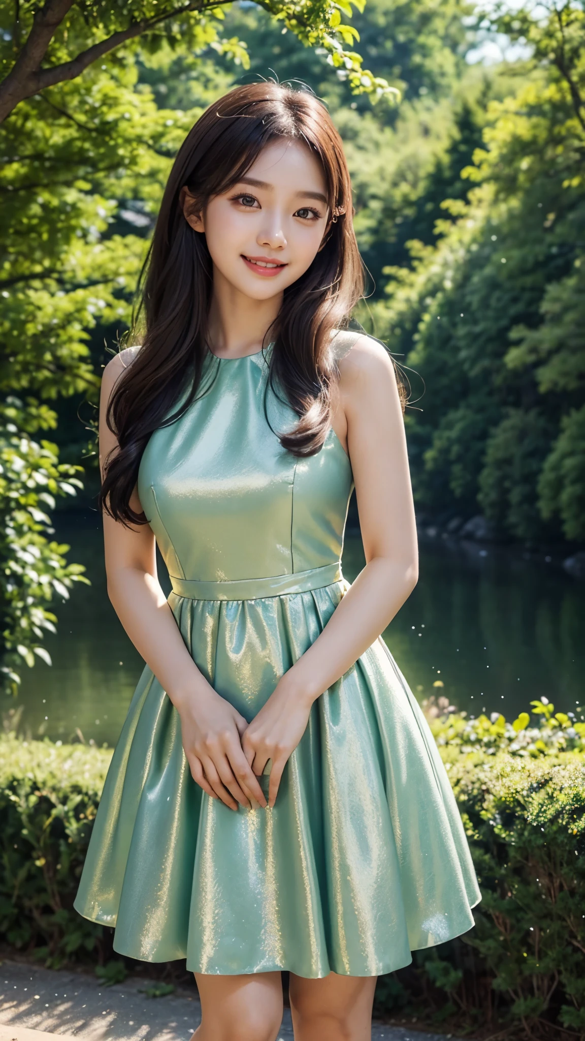 24 years beautiful Girl, korean Girl, 64K, (masterpiece: 1.4), Beautiful glitter Mint colour frock dress, frock knee length, nature background, beautiful smile, (smile: 1.2), detailed background, detailed dress, ultra HD image quality, standing in front of trees, 8D , CG unity 8k wallpaper, perfect figure, Young Girl, 