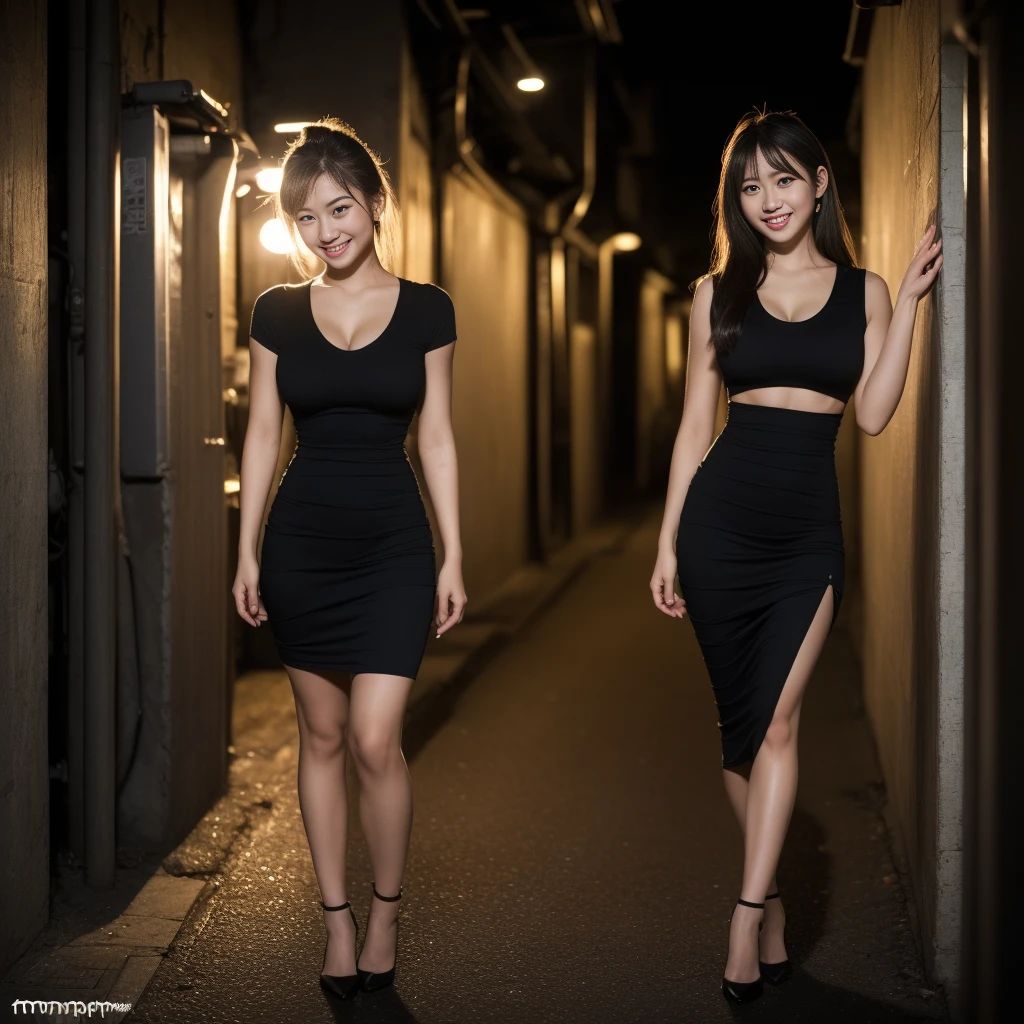 (RAW photo:1.2), (Photorealsitic:1.4), hugefilesize, A high resolution, The is very detailed, top-quality, (tmasterpiece:1.6),(Hyper-realistic: 1.4), The is very detailed, NFFSW, finedetail, top-quality, 8k wallpaper,jpn,((thai girl with fair skin)),thai young 17 years old、((full bodyesbian:1.2))、((Muscle Girl:1.2, huge physique:1.3, Thick neck:1.3, Carved muscle arm:1.4,Stout arms:1.6, Carved muscle arm:1.4,Thick and powerful legs:1.5))、((long breasts:1.6,Large full breasts:1.6)),((loli face:1.4))、Narrow eyes, cute face, Narrow eyes,((A smile))、((Straight hair、Single length))、((((Black tight skirt、Black tight-fitting dress:1.3))))、((Standing at the end of a narrow alley in the middle of the night、Neon lights illuminate Western-style izakaya,Flag big cities))、 (Realistic: 1.3), (Smooth lighting: 1.05), (Improved Cinematic Lighting: 0.9), Realistic lighting, Backlight, Face light, Ray traching, (Whitening Light: 1.2), ( Top Quality Real Skins: 1.4), (increase in mood of body line:1.1), (Skin texture enhances beauty:1.1),