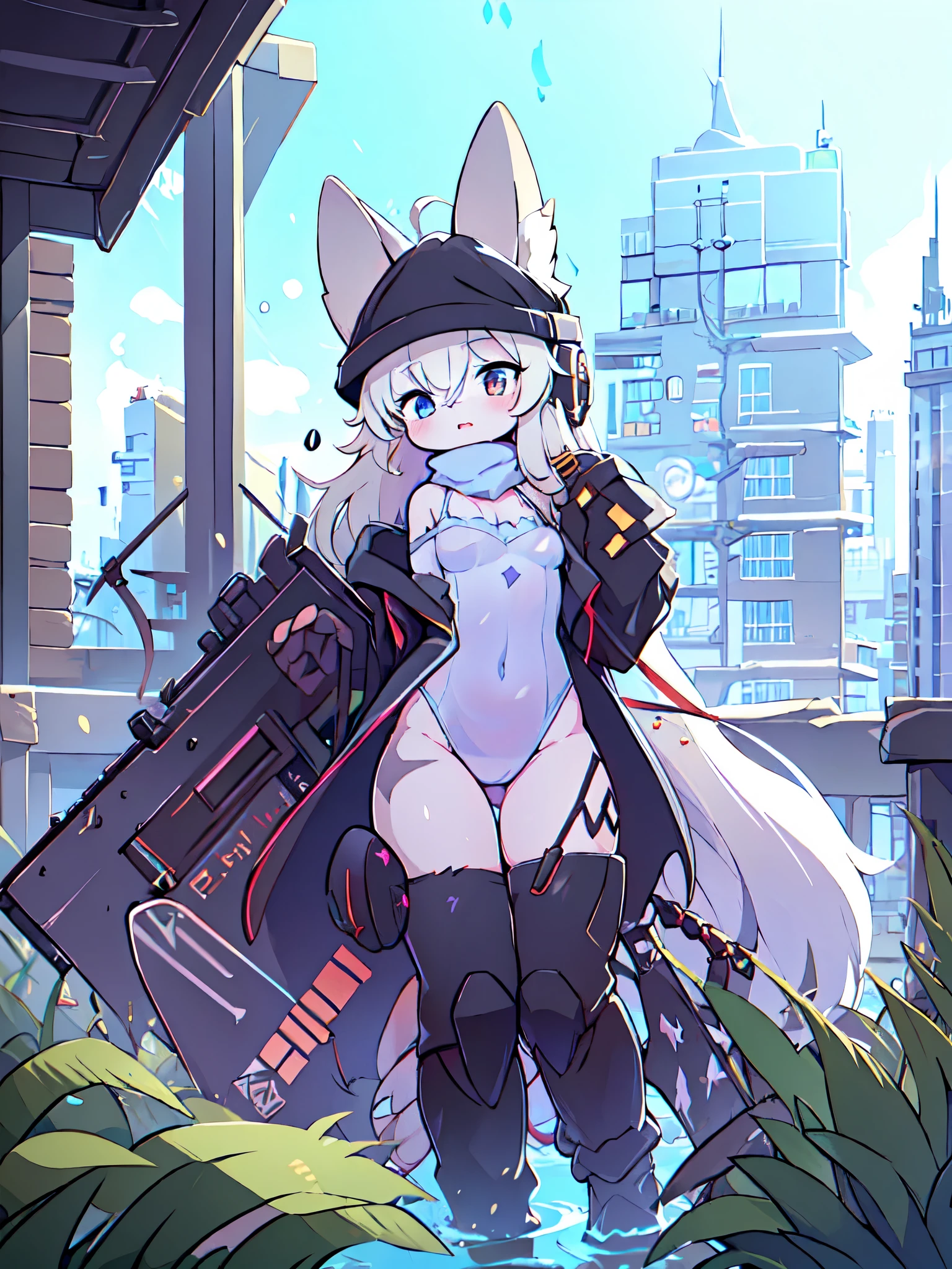 Kawaii, Striped Fluffy Fox, emaciated, long hair, where water meets sky and flooded city, 3girls, artificial synthetic skin, life support prosthetics, digital headphones, Military-under shirt, black tight latex leotard, white over-sleeve mechanical long dress, thigh-high-socks, shorts, loose off-the-shoulder hood open jacket, holsters in thigh, Mechanical boots, tactical knee pads, tactical belted loose Arm Sleeves, division, cybernetic Display gloves, chest rigs, tactical belts, line halo, bulletproof goggles on forehead, from Ark nights, g41,