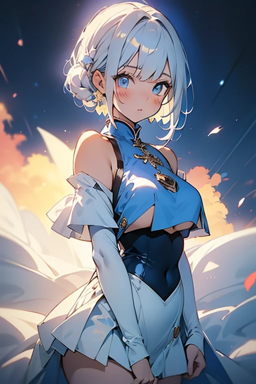 anime,1girl,pov,masterpiece,high quality,High resolution,HD,4K,8K,viscous paint,photo realistic,white hair,(Blue clothe:1.5),Nurse,(Ao Dai:1.2),Cape,(open shoulders:1.4),underbust,(breastshaping:1.2),(boob shaped clothes:1.3),mini tight Skirt,Clothes full of gaps